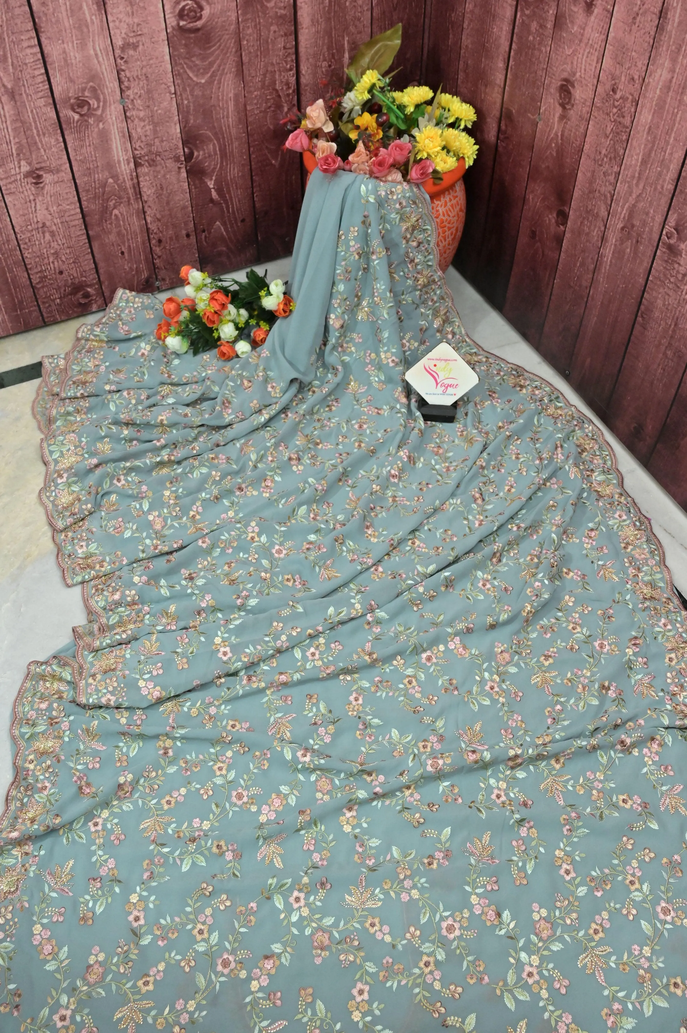 Iceberg Blue Color Chiffon Saree with Parsi Embroidery and Scallop Border