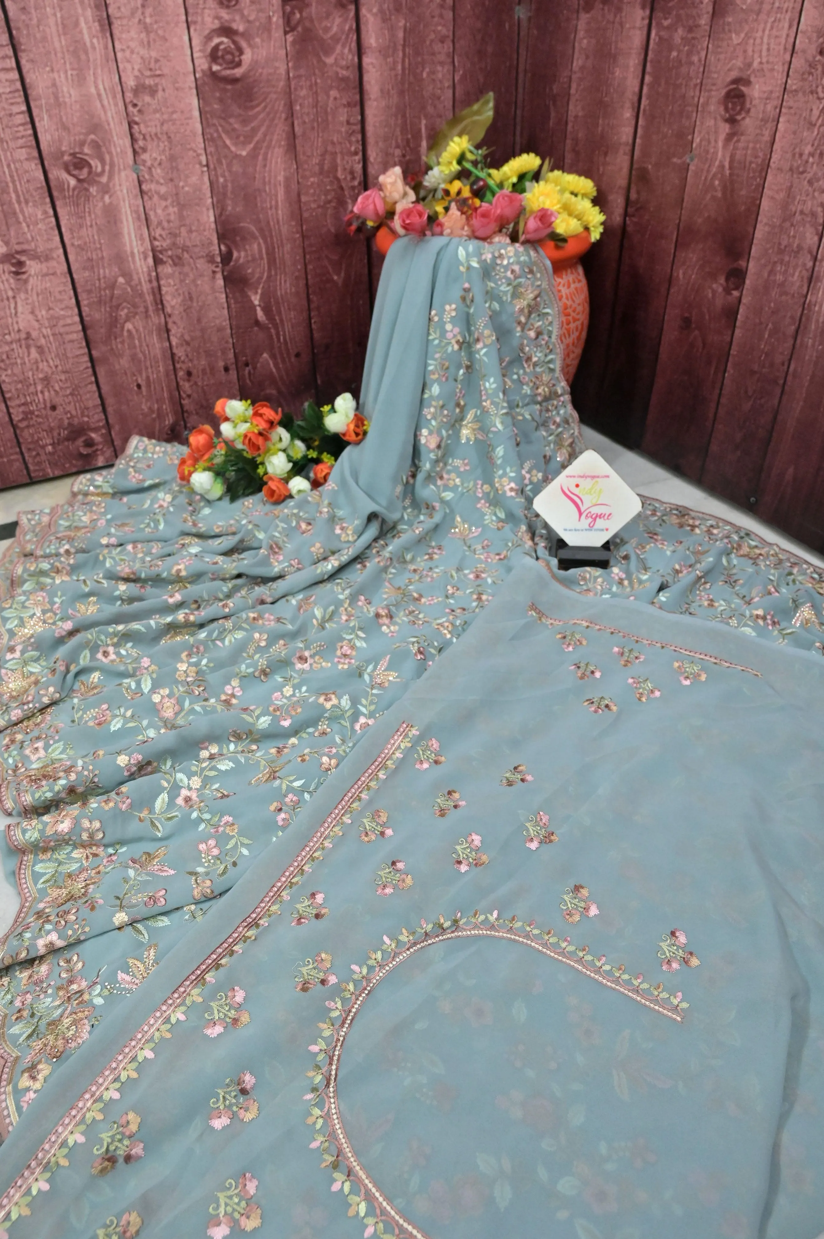 Iceberg Blue Color Chiffon Saree with Parsi Embroidery and Scallop Border