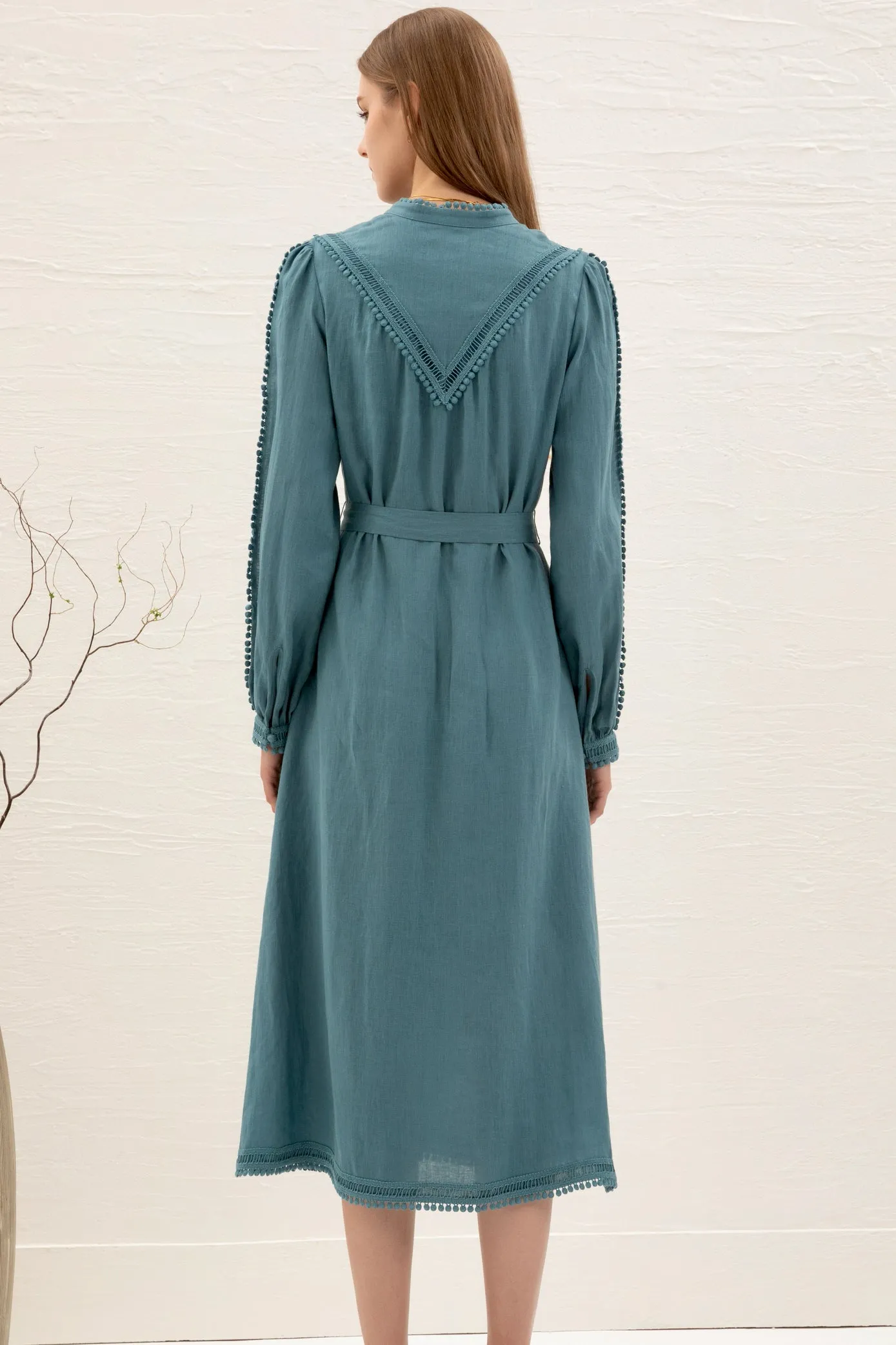 Kiara Linen Embroidered Dress - Teal - GDS