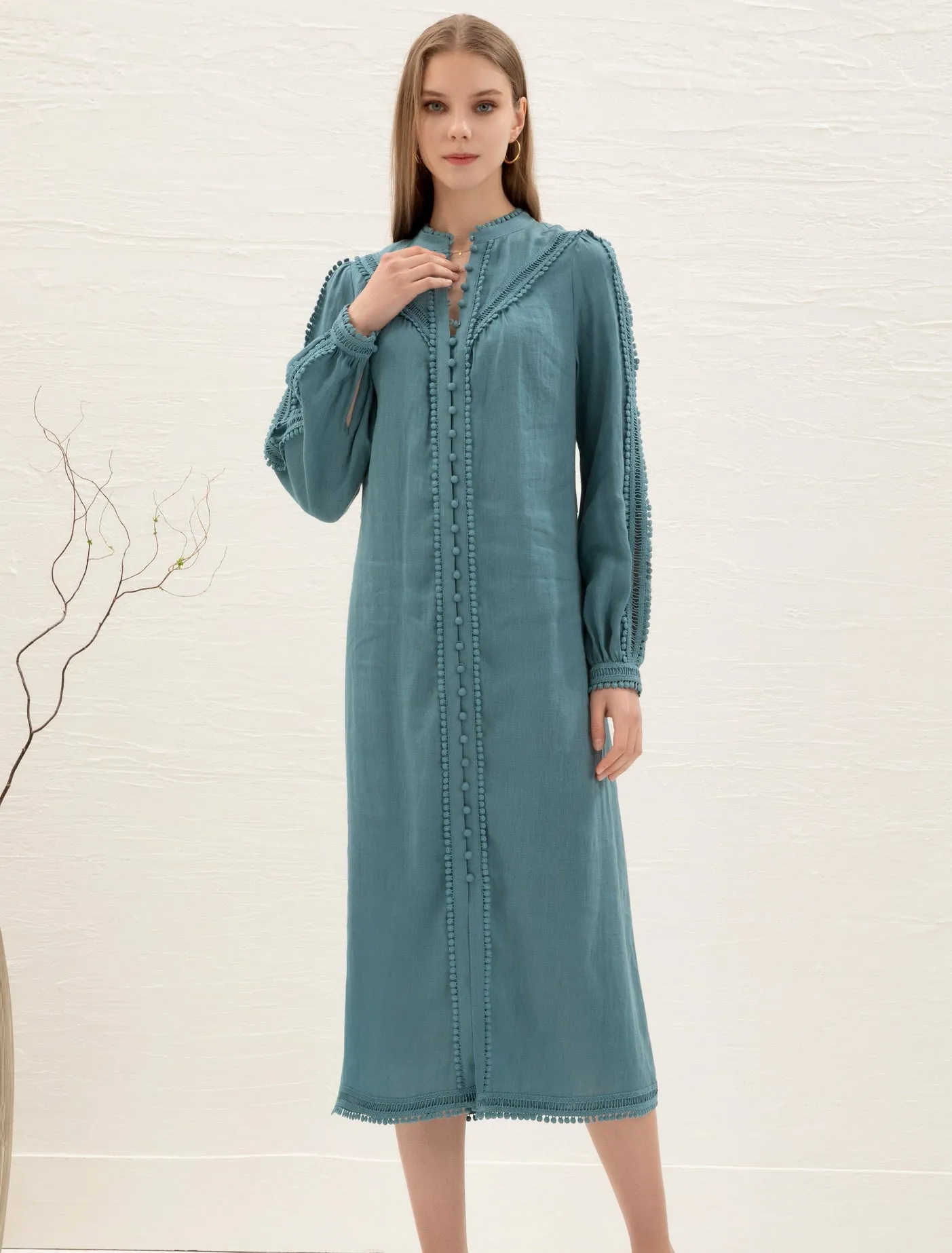 Kiara Linen Embroidered Dress - Teal - GDS