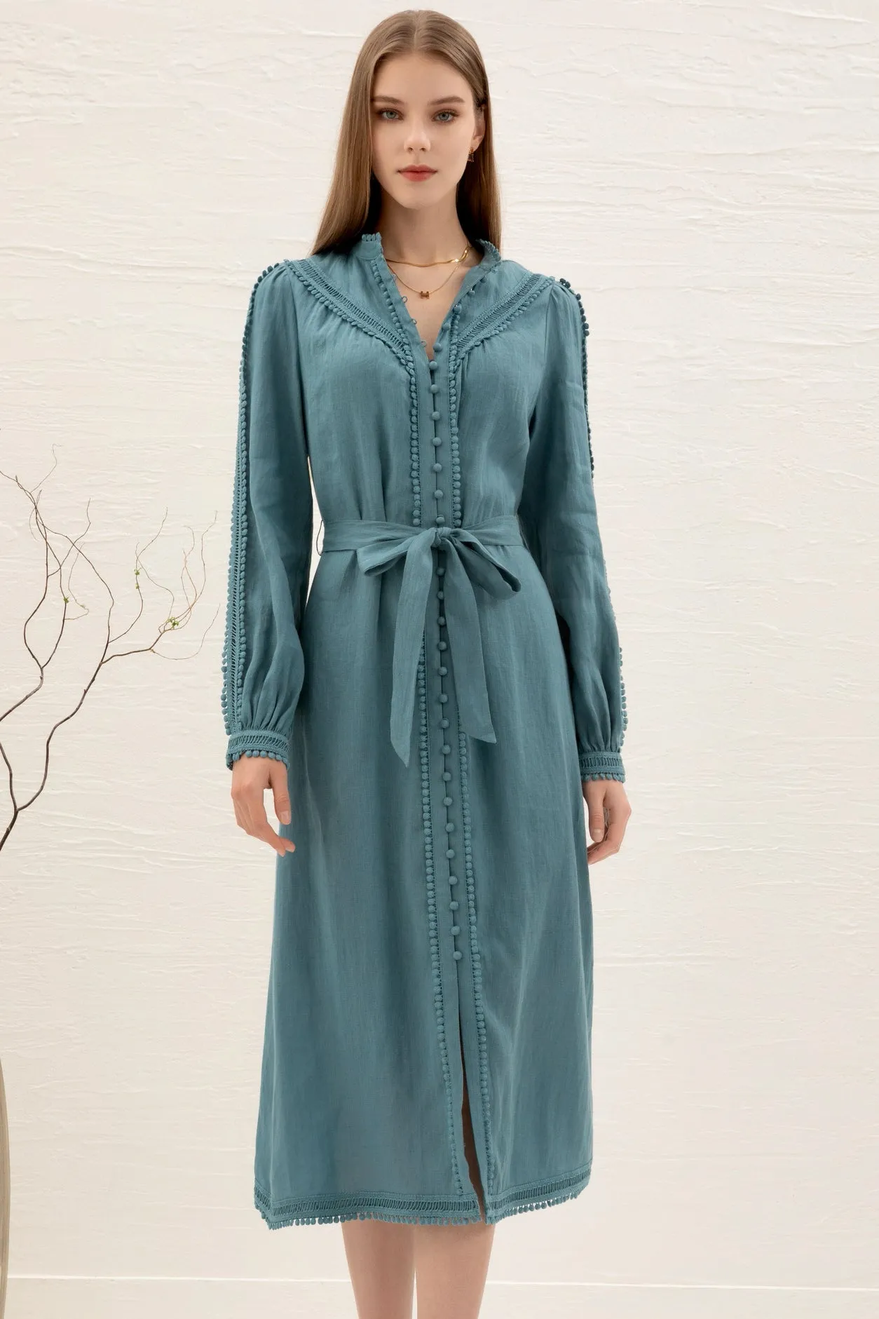 Kiara Linen Embroidered Dress - Teal - GDS