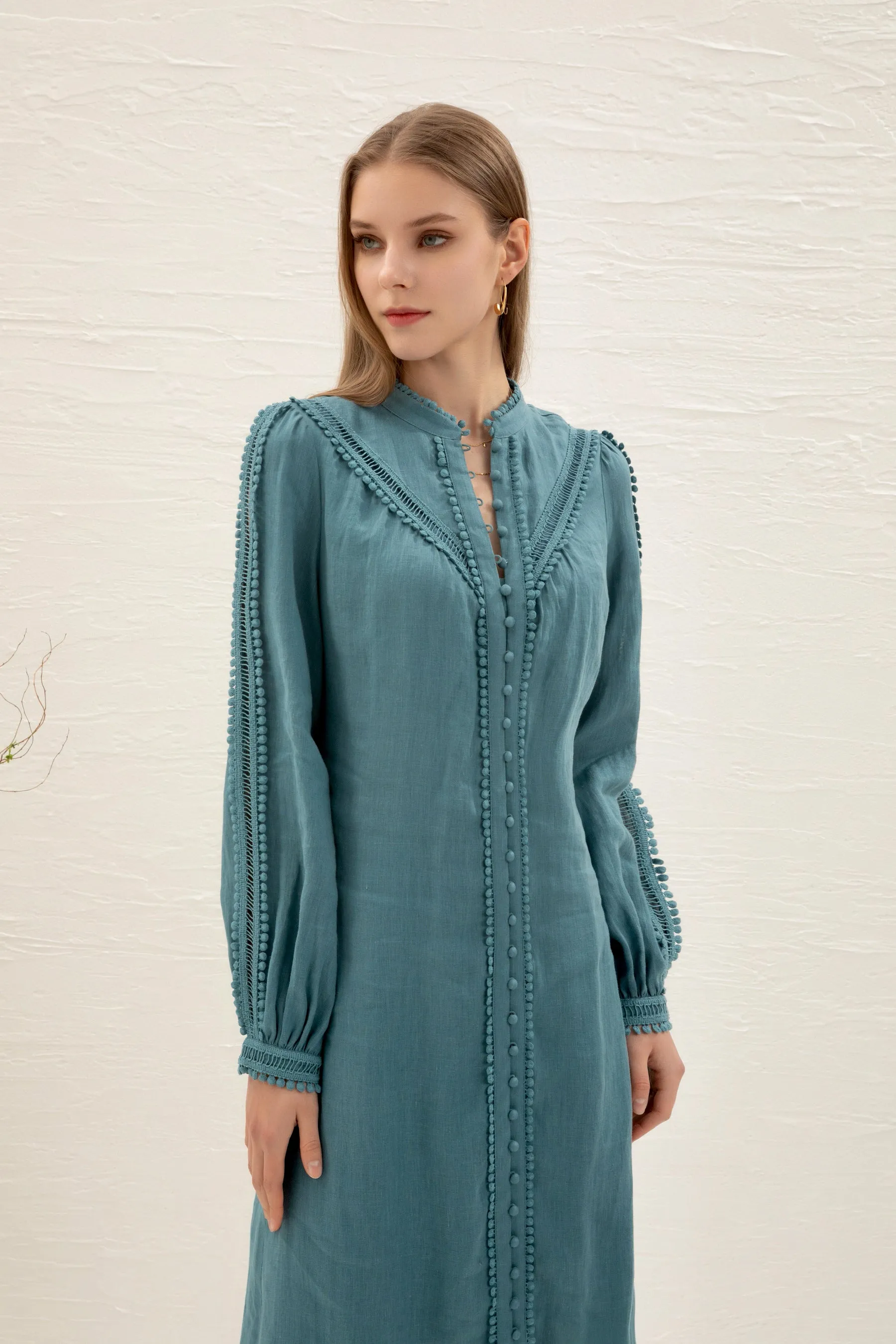 Kiara Linen Embroidered Dress - Teal - GDS