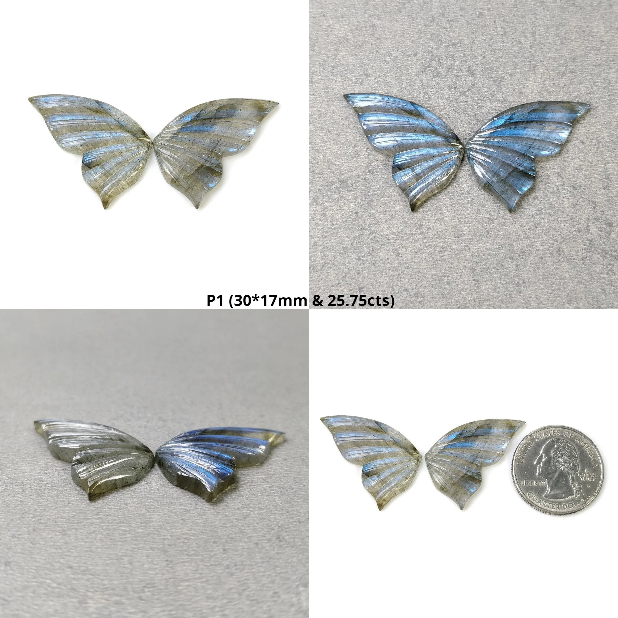 LABRADORITE Gemstone Carving : Natural Untreated Unheated Labradorite Hand Carved Butterfly Pair (With Video)