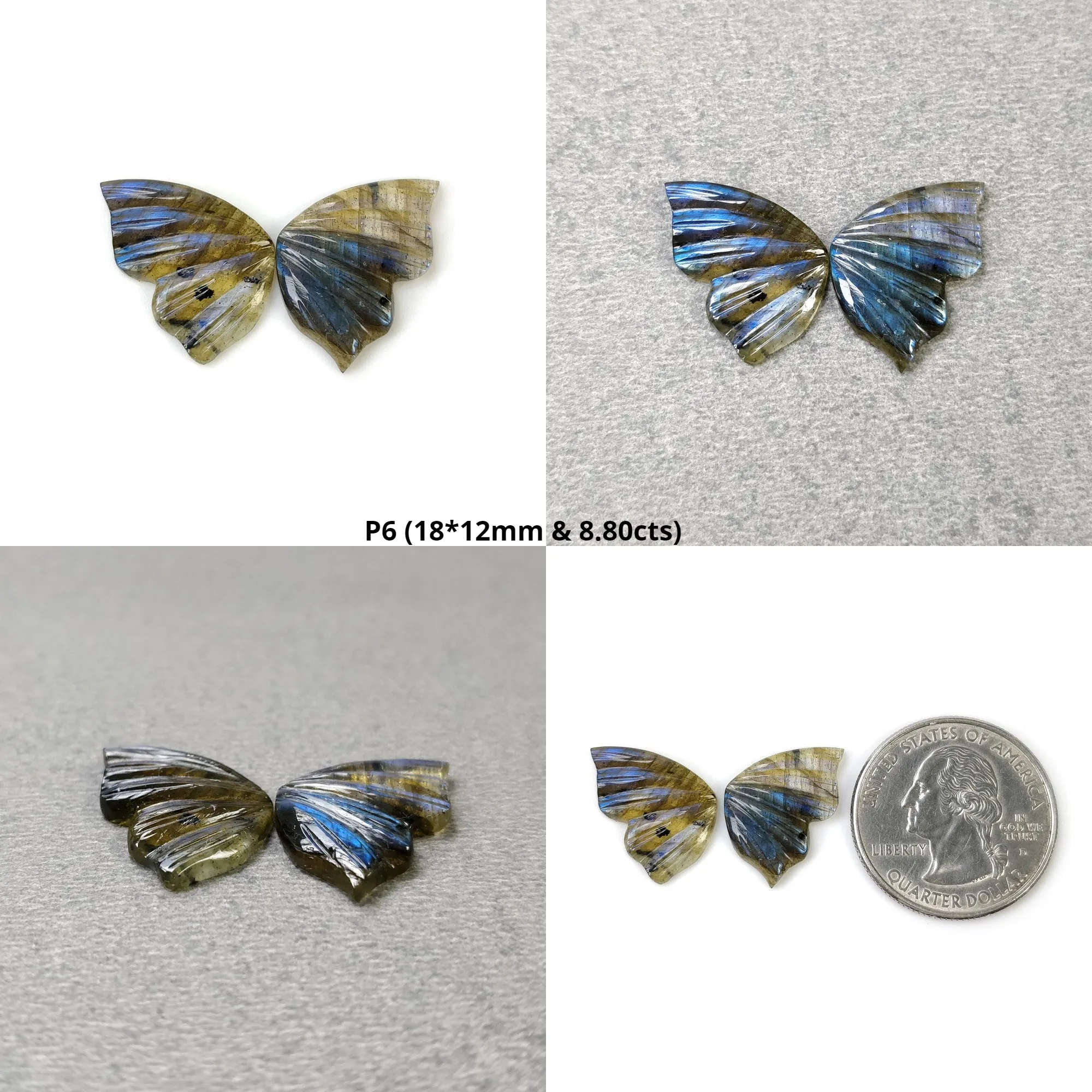 LABRADORITE Gemstone Carving : Natural Untreated Unheated Labradorite Hand Carved Butterfly Pair (With Video)