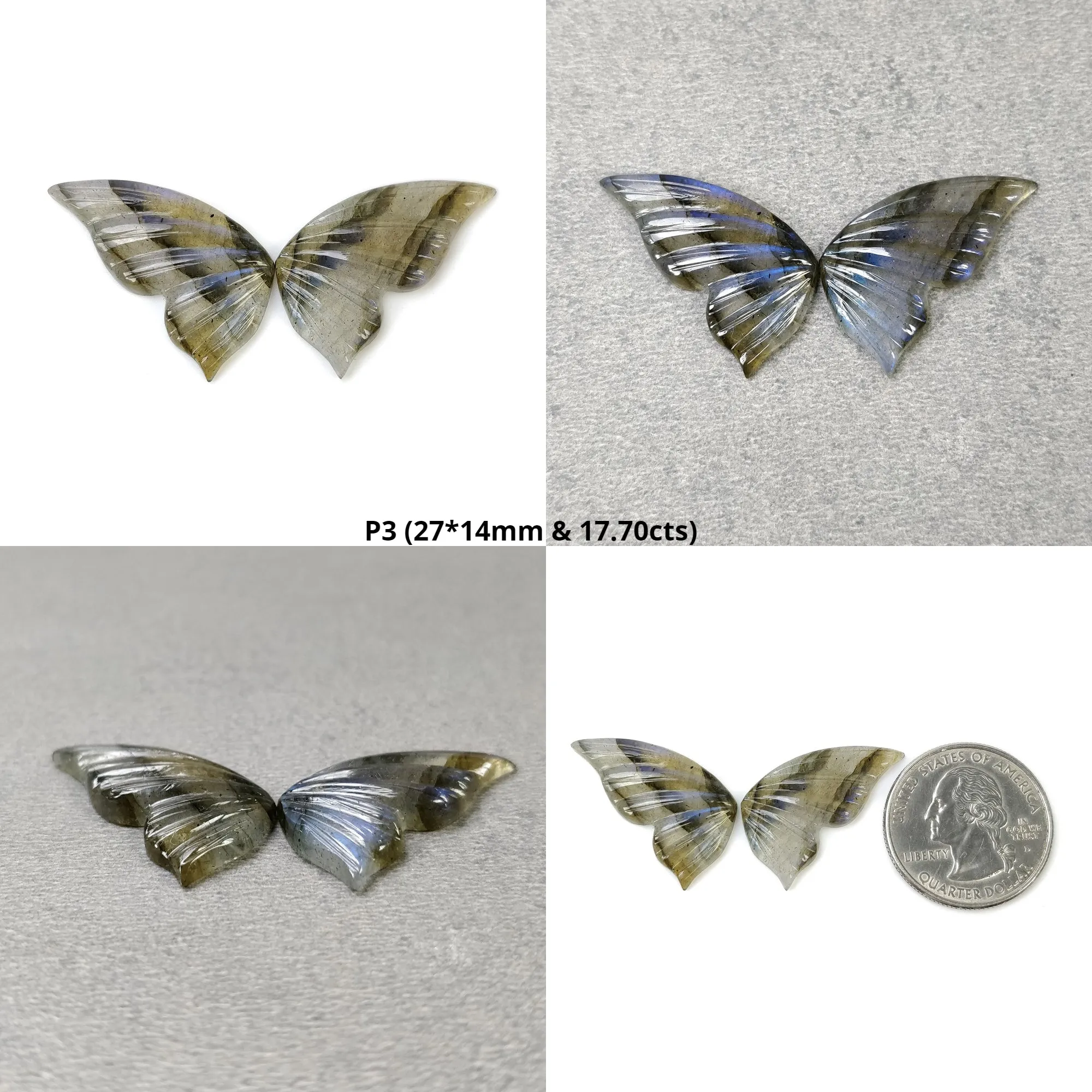 LABRADORITE Gemstone Carving : Natural Untreated Unheated Labradorite Hand Carved Butterfly Pair (With Video)