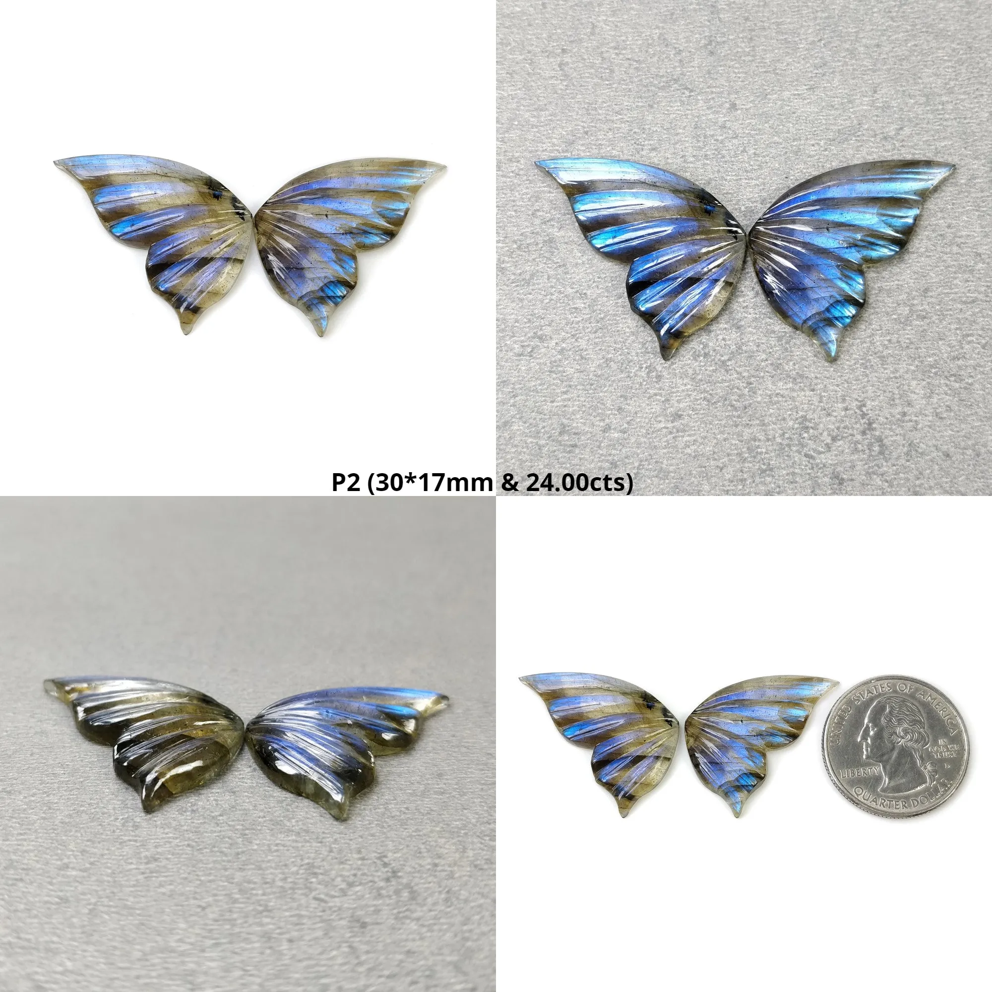 LABRADORITE Gemstone Carving : Natural Untreated Unheated Labradorite Hand Carved Butterfly Pair (With Video)