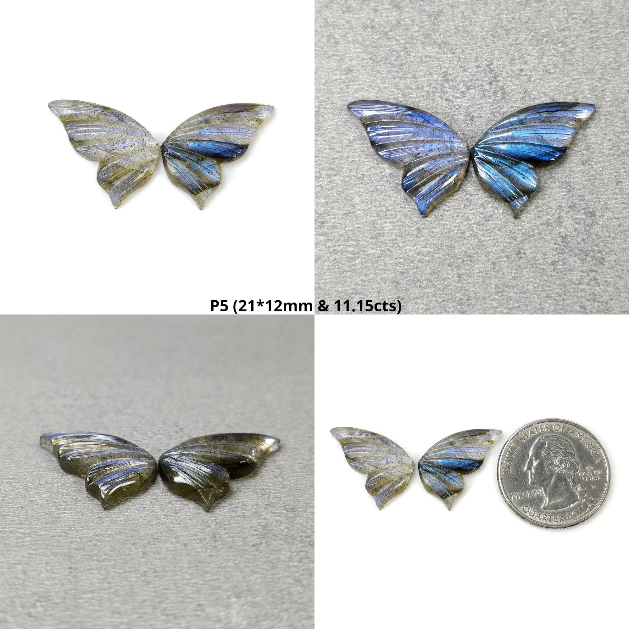 LABRADORITE Gemstone Carving : Natural Untreated Unheated Labradorite Hand Carved Butterfly Pair (With Video)