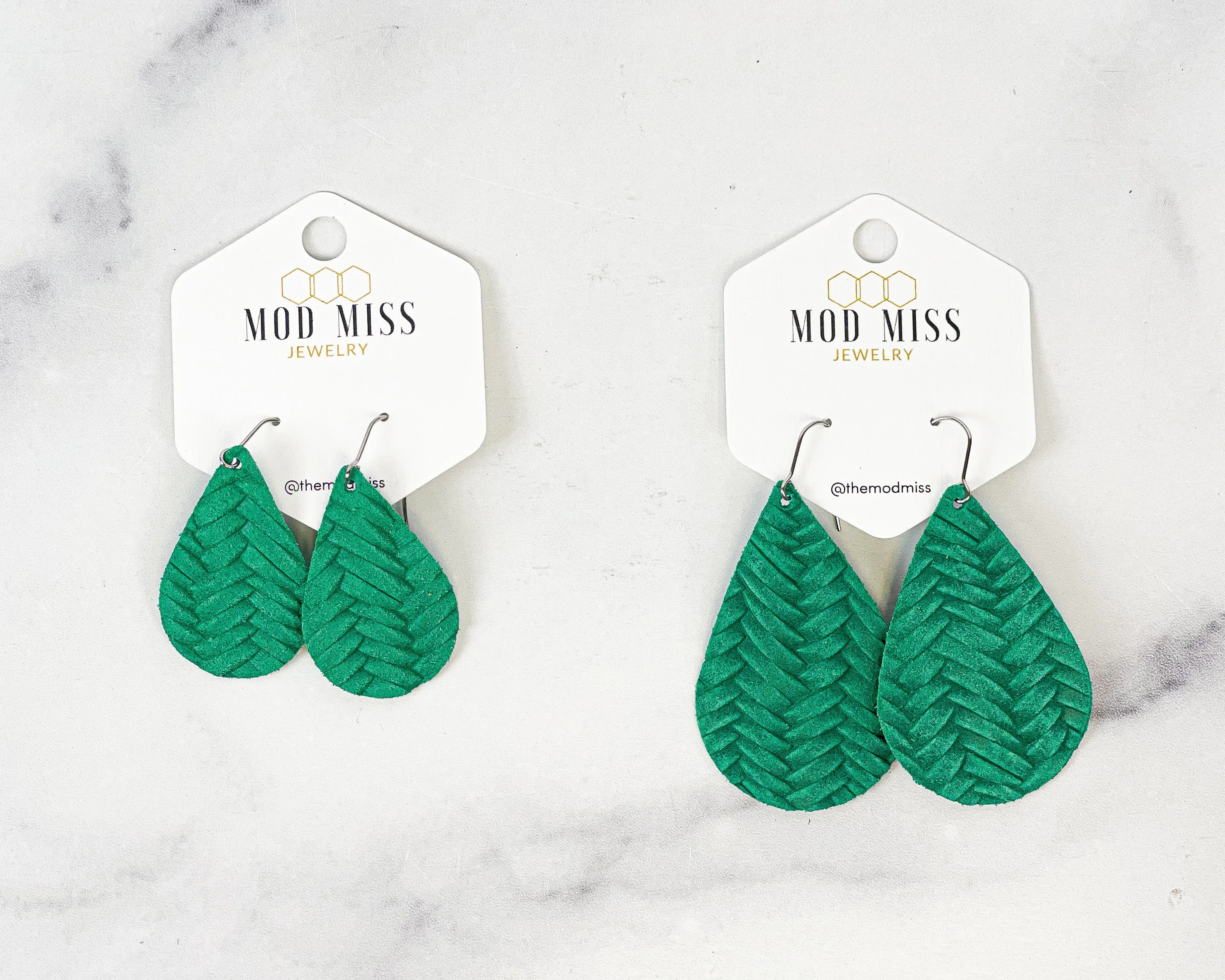 Leather Teardrop Earring Weaved Kelly Green