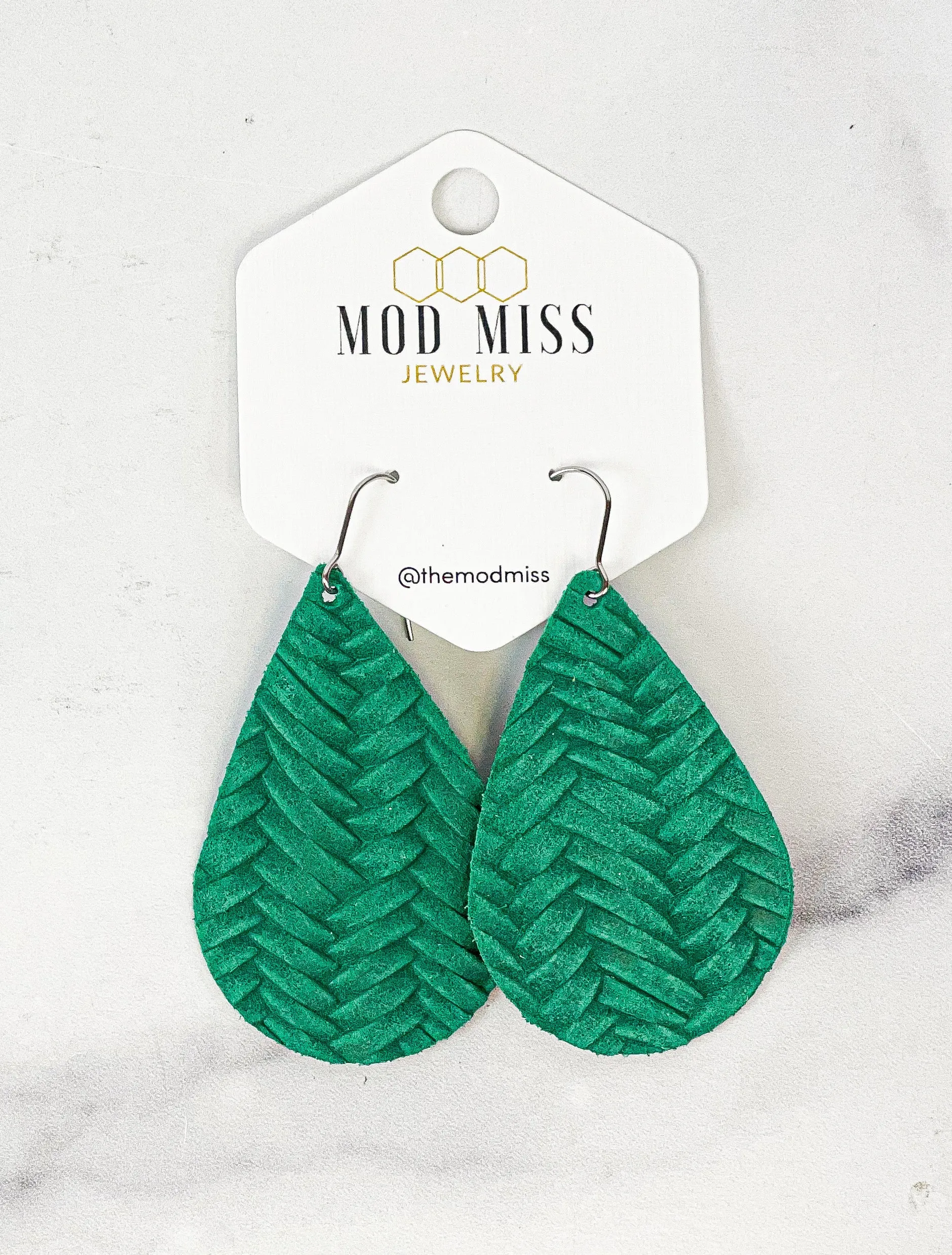 Leather Teardrop Earring Weaved Kelly Green