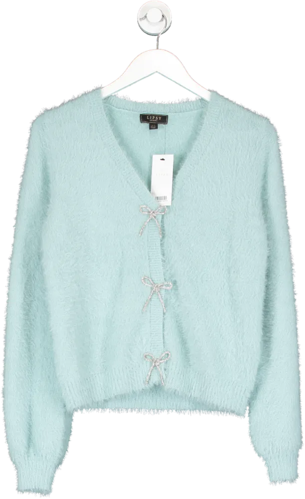 lipsy london Blue Cosy Diamante Bow V Neck Cardigan UK 8