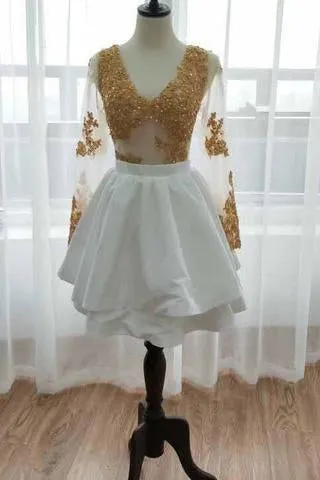 Long Sleeve V Neck White Homecoming Dresses Gold Sequins V Neck Short Prom Dress