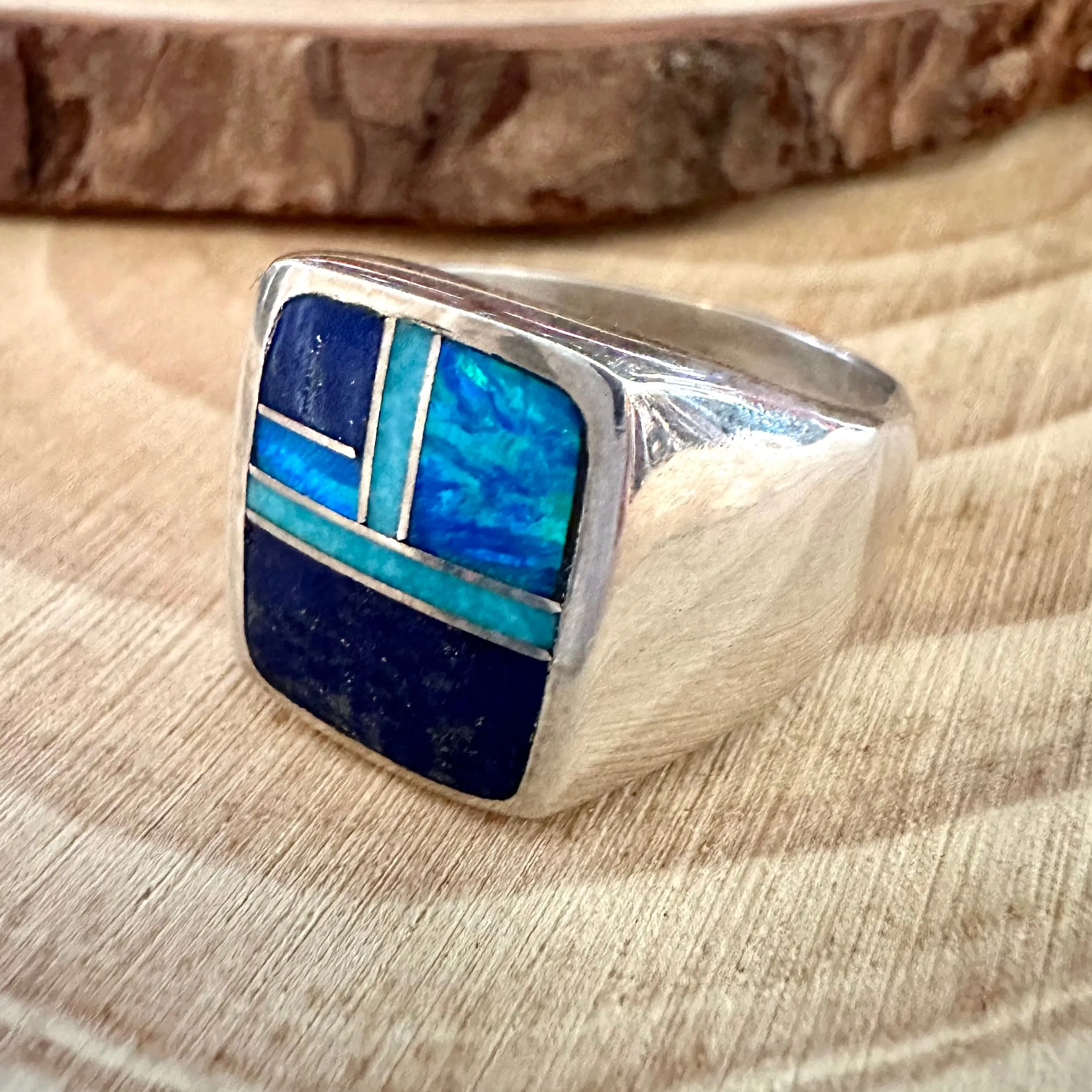 LOVE IN BLUE Multi Stone & Sterling Native American Inlay Mens Ring  Sizes 10, 10.5