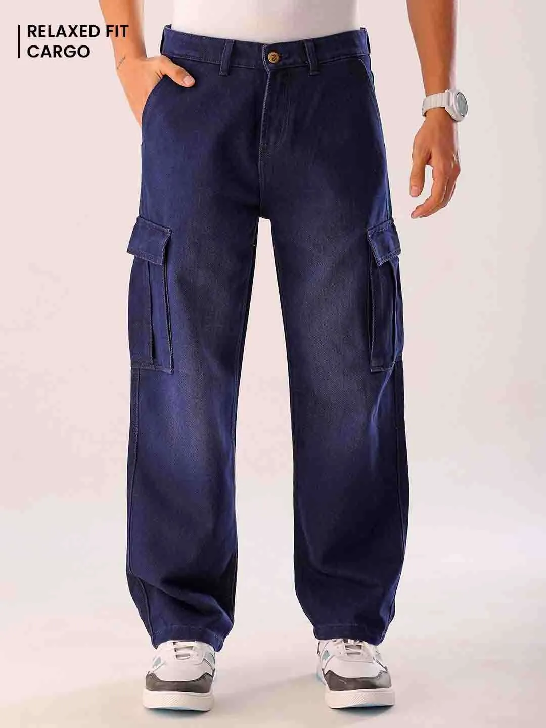 Men Blue Solid G365 Relaxed Fit Cargo Denim