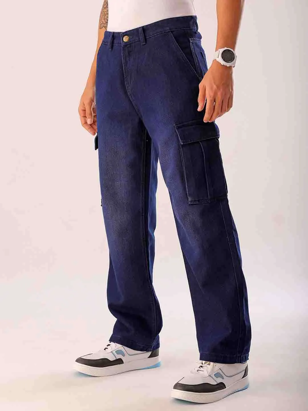 Men Blue Solid G365 Relaxed Fit Cargo Denim