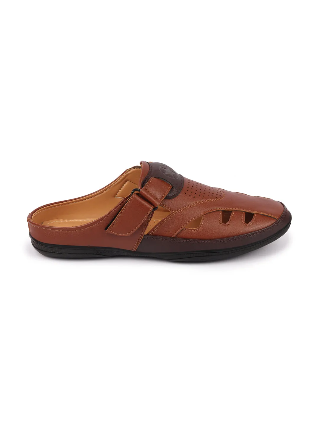 Men Tan Back Open Laser Cut Design Slip On Sandal with Ankle Strap