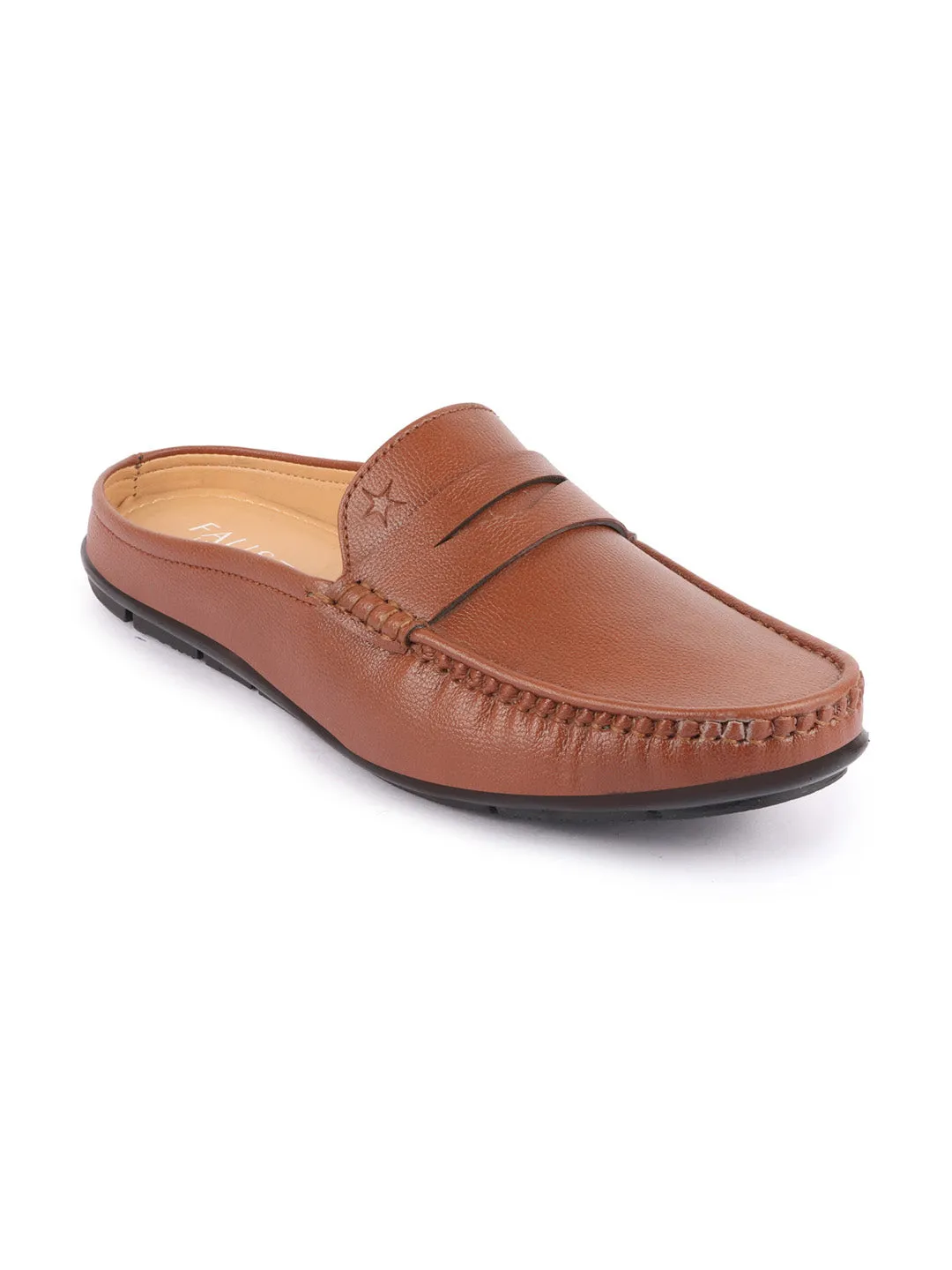 Men Tan Slip On Back Open Stitched Mules Casual Shoes