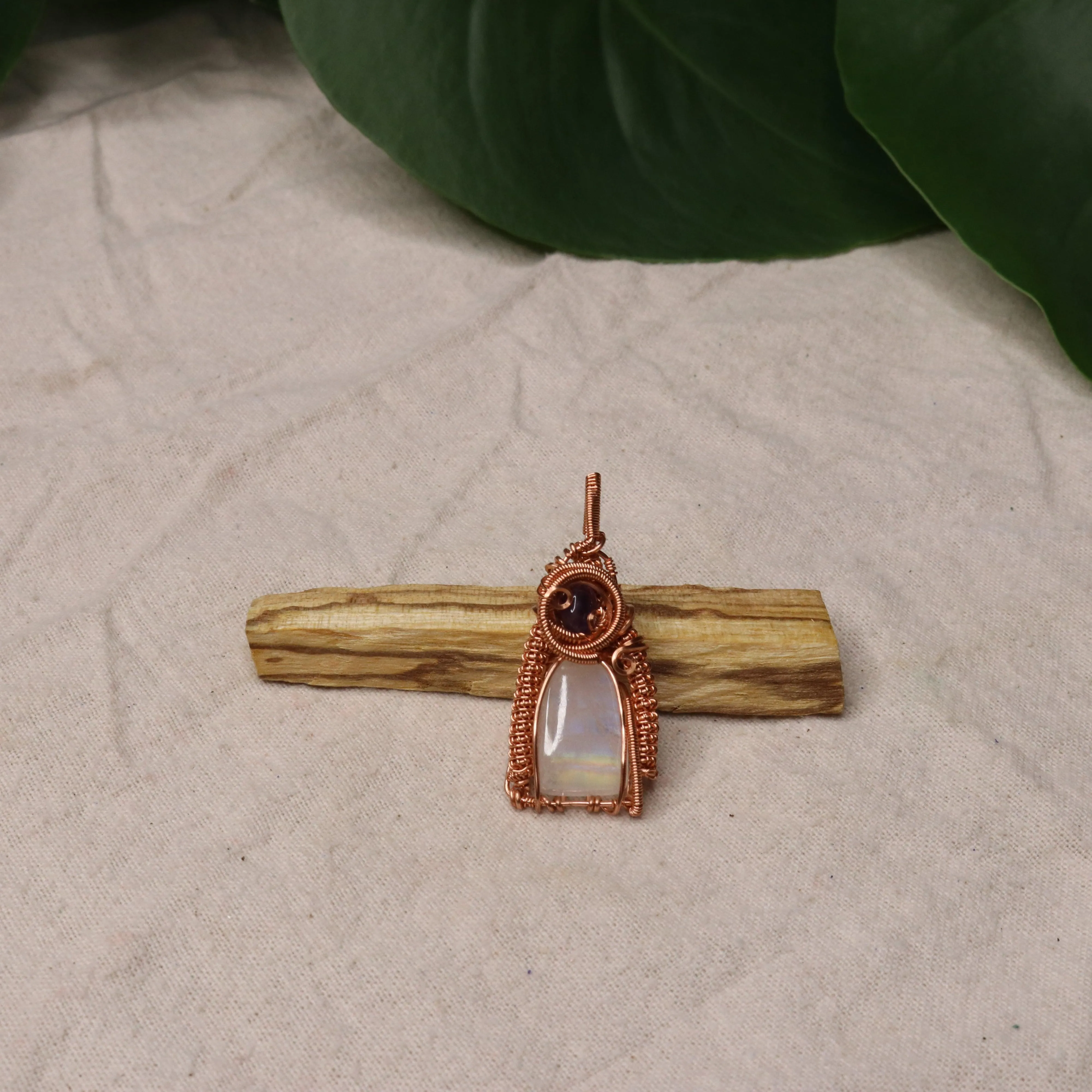 Moonstone with Beautiful Rainbow ~ Copper Wrapped Pendant with Amethyst Accent ~ Includes necklace cord