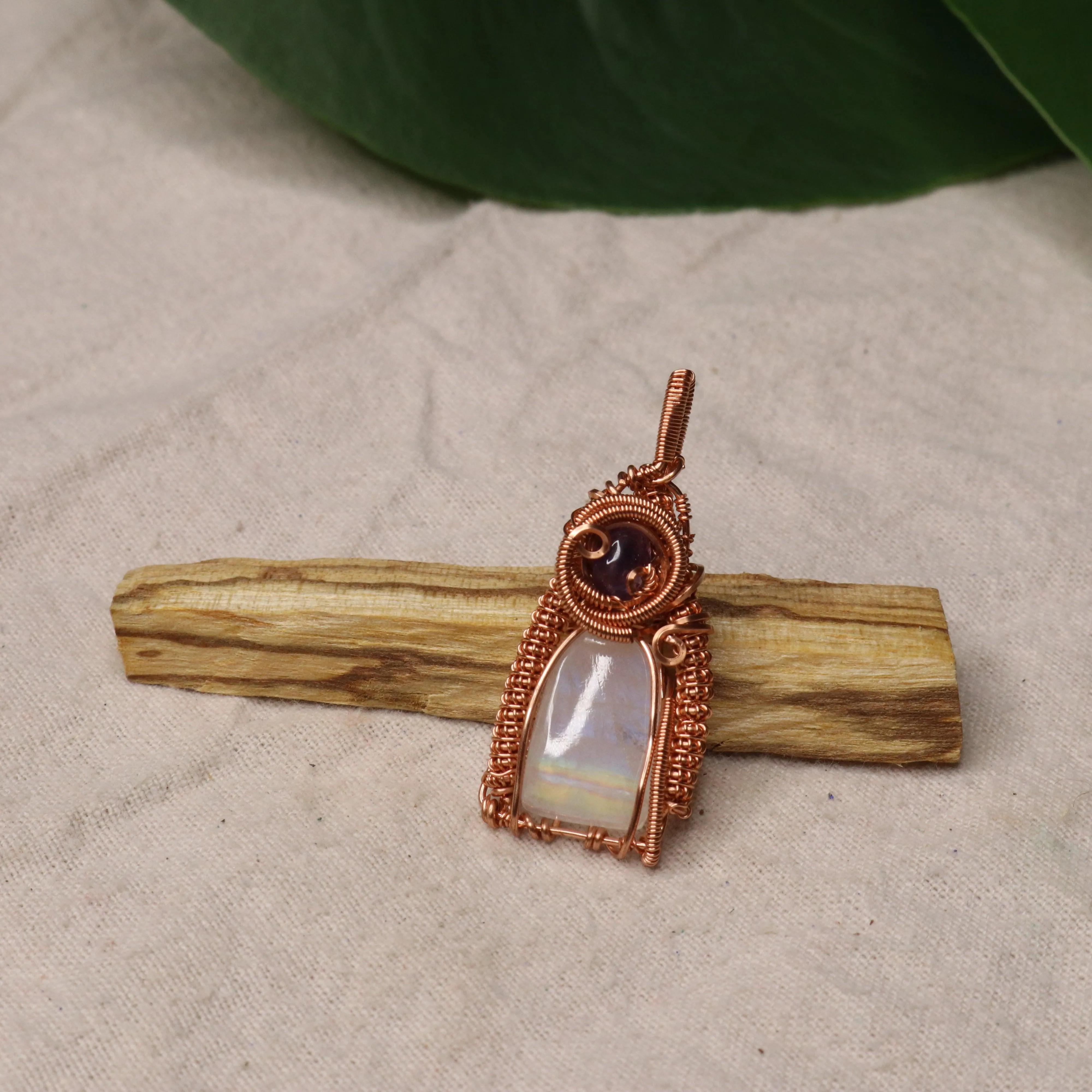 Moonstone with Beautiful Rainbow ~ Copper Wrapped Pendant with Amethyst Accent ~ Includes necklace cord