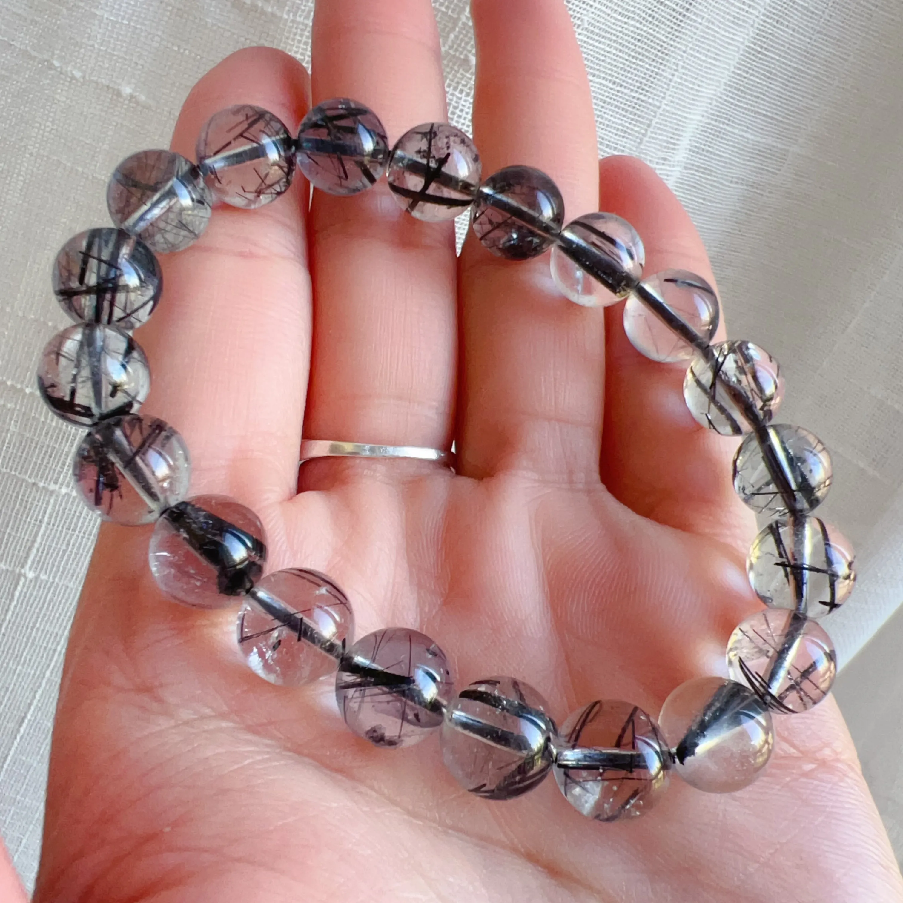 Natural Black Tourmalated Quartz Inclusion Crystal Bracelet with 9.6mm Beads | Men's Women's Healing Jewelry Remove Negativity