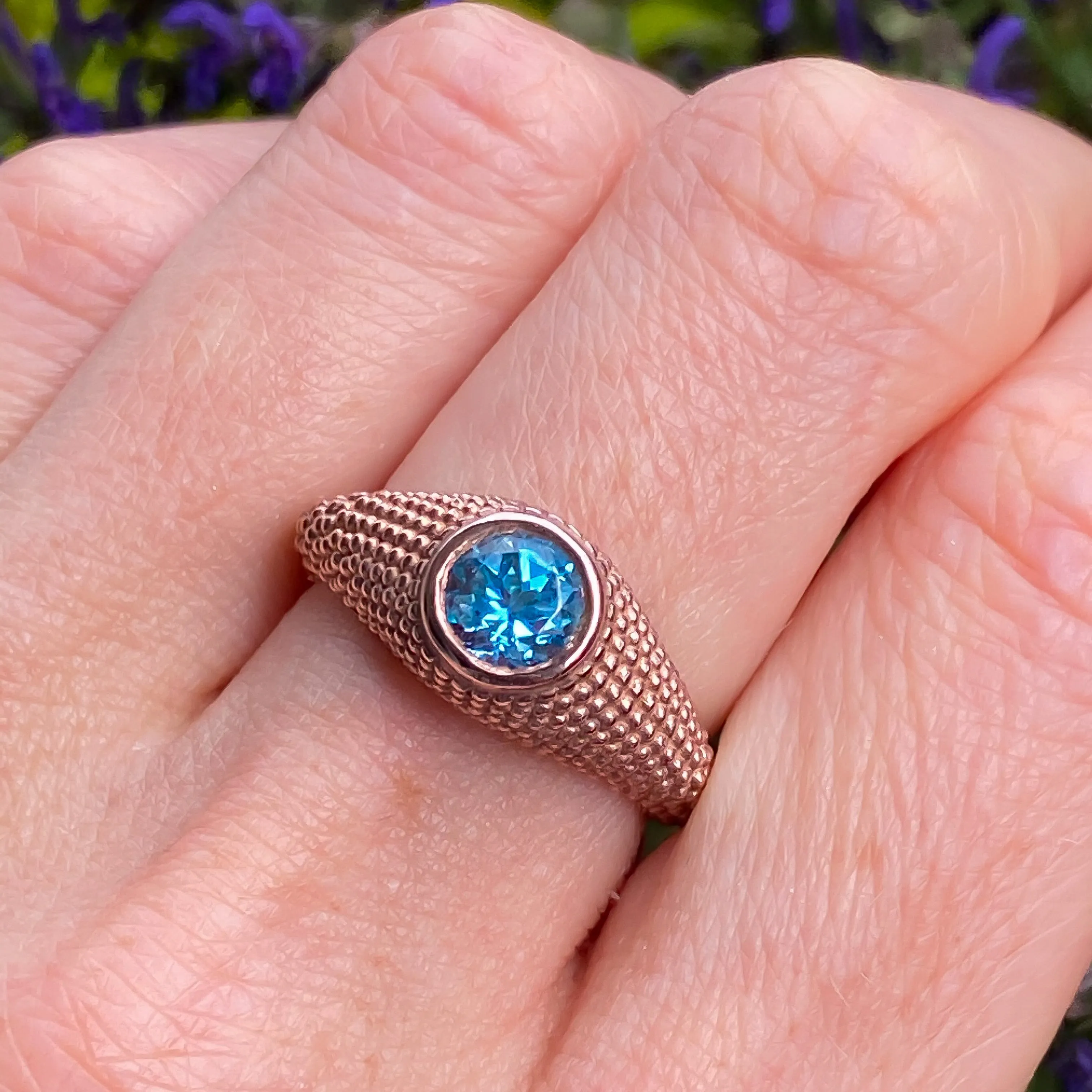 Nubia Round Blue Topaz Rose Gold Ring Size 7US