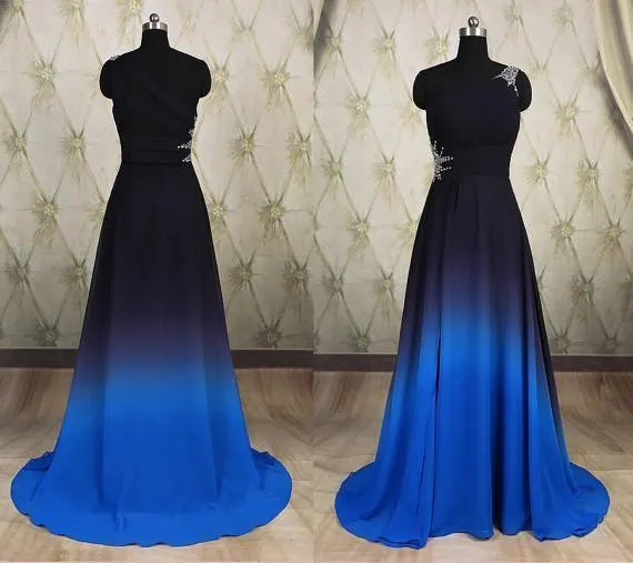 One Shoulder Ombre Black and Blue Ruffles Prom Dresses Simple Cheap Party Dresses