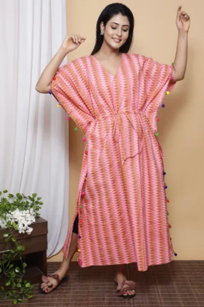 Pink Zigzag Tassel  Ajrakh Block Printed Cotton Kaftan