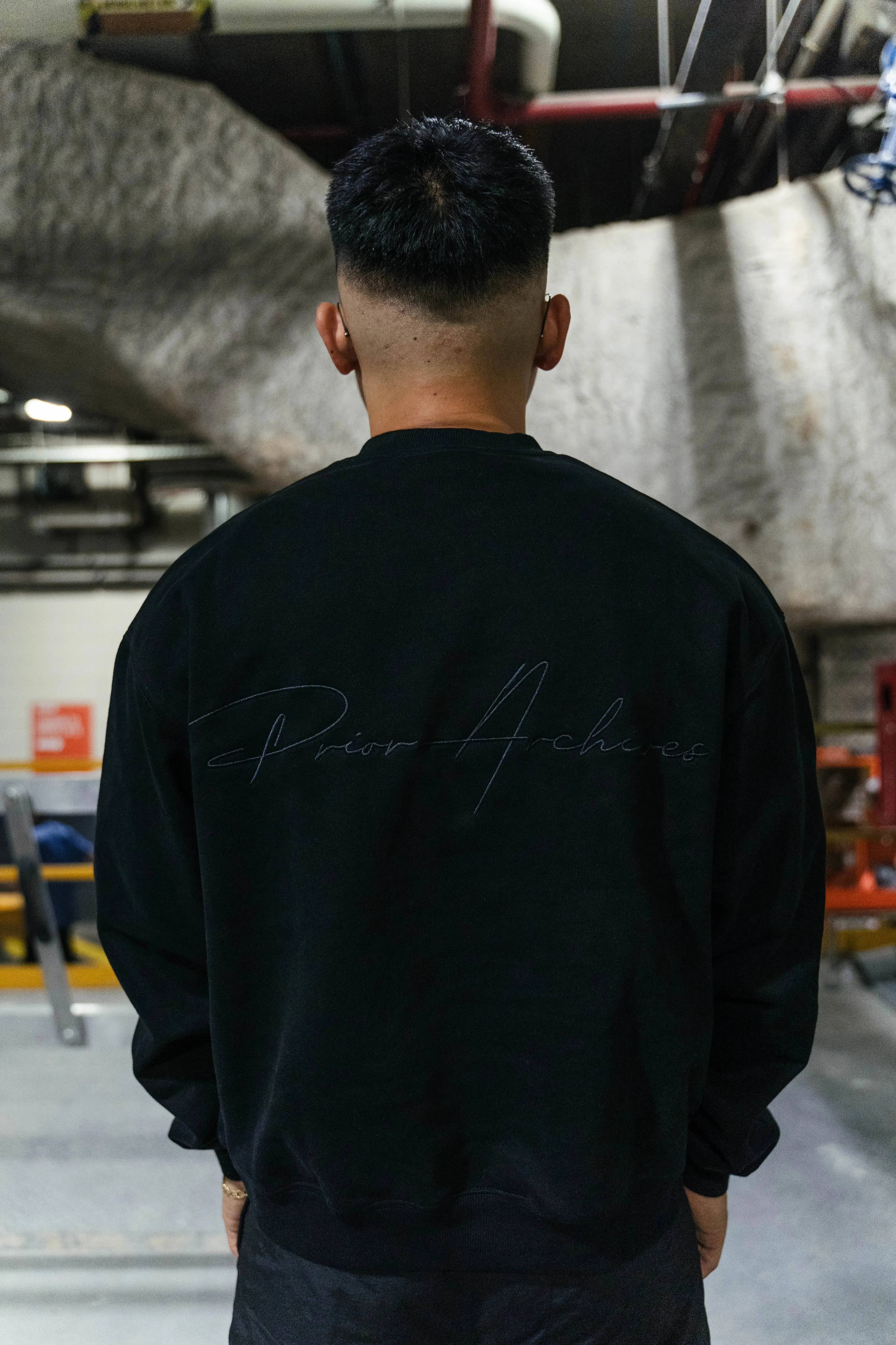 Prior Black Collection Embroidery Logo Oversized Crewneck Sweatshirt Onyx