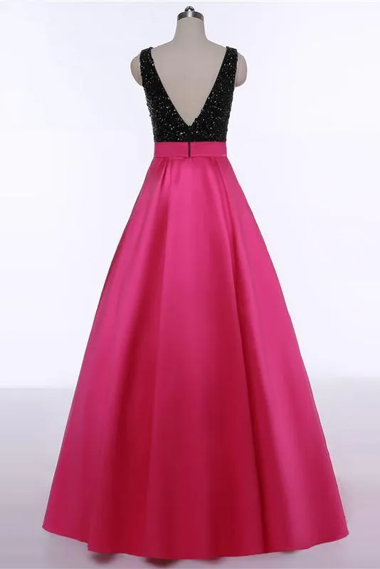 Red Open Back Beads Bowknot with Pockets Round Neck Sleeveless Prom Dresses