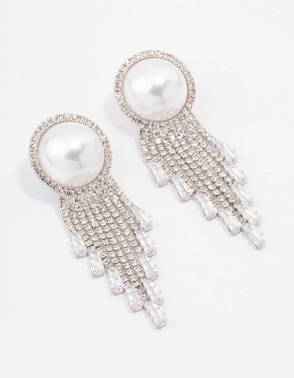 Rhodium Oversized Pearl Cupchain Diamante Earrings