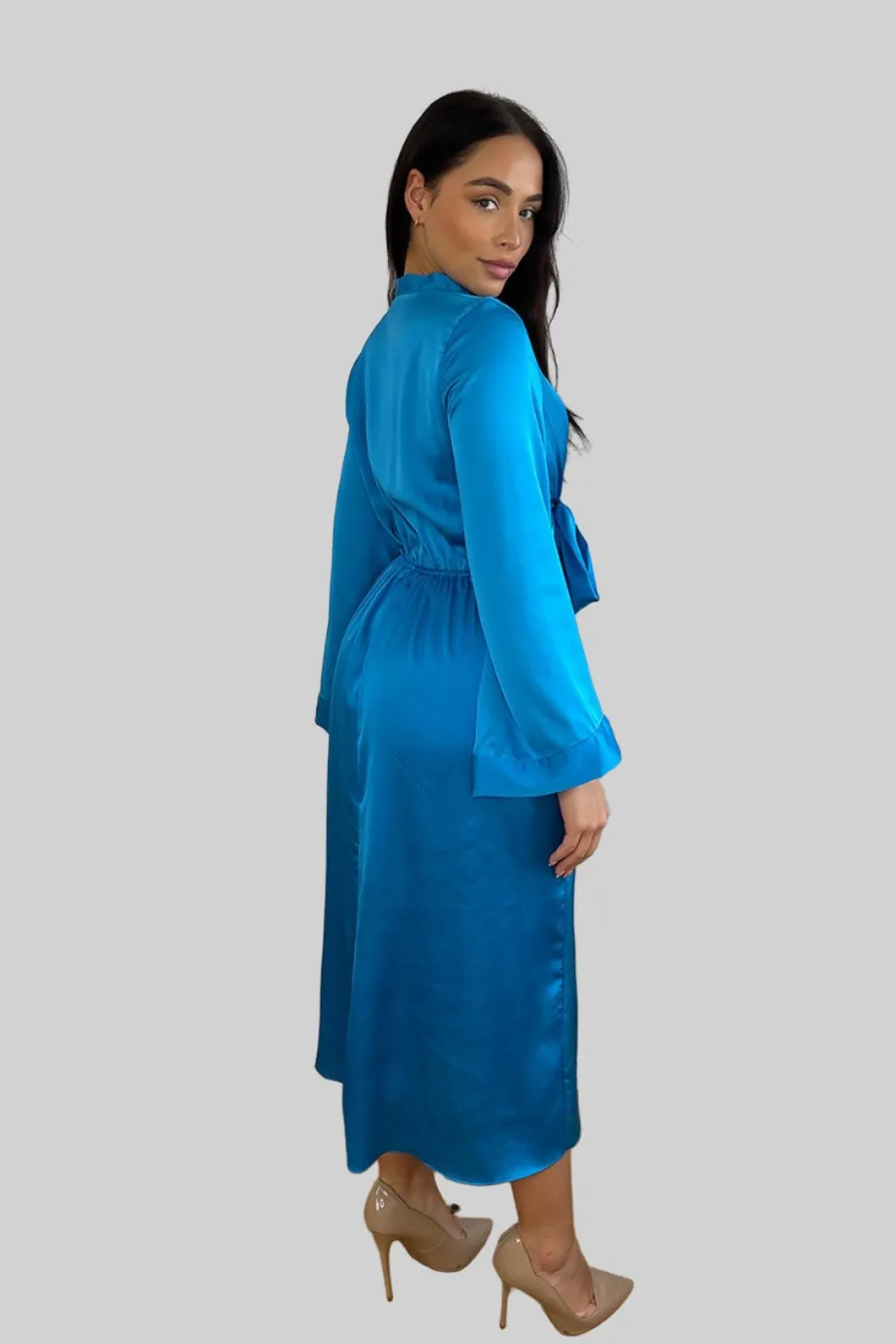 Royal Blue Satin Tie To Front Midi Dress