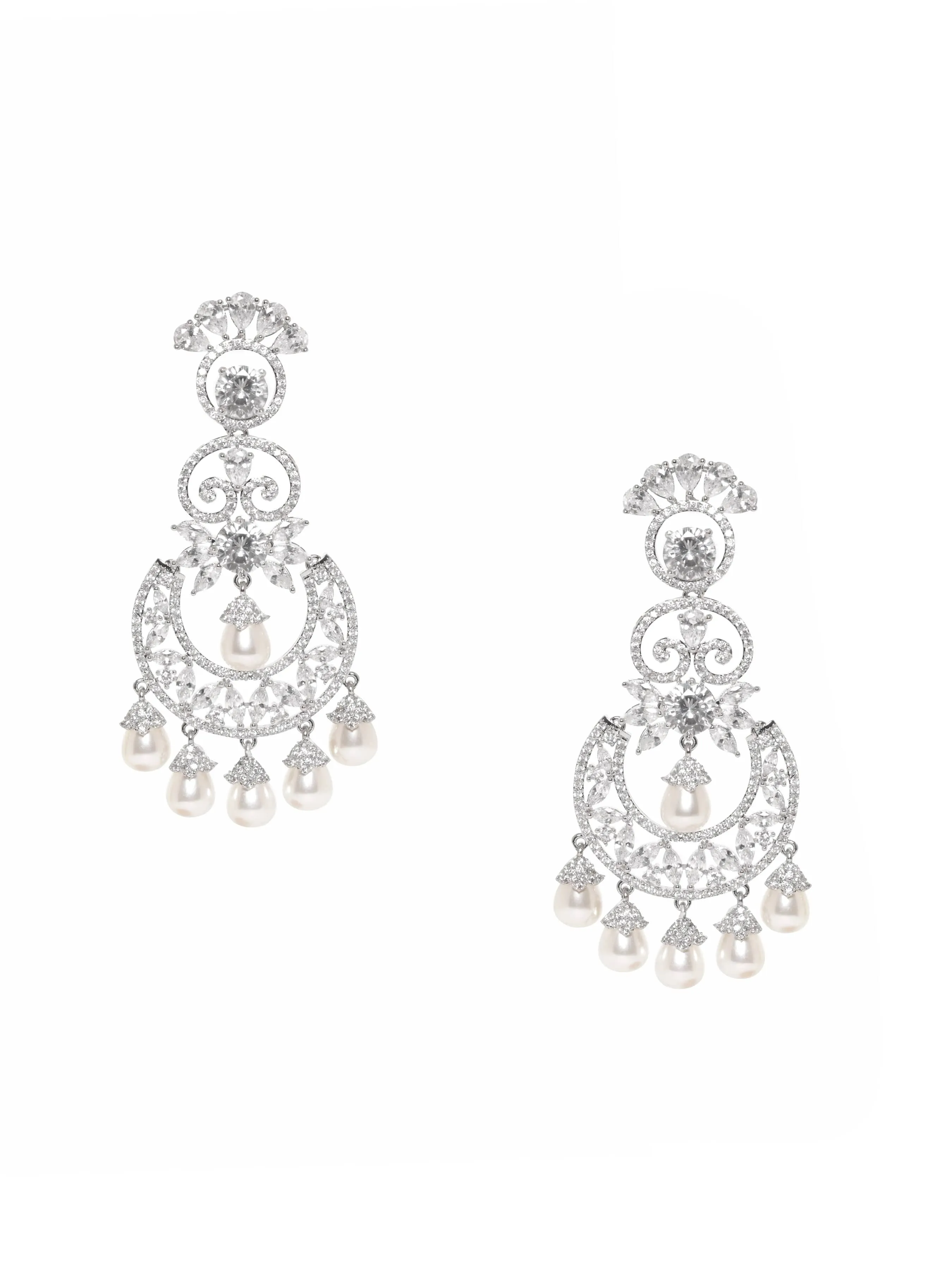 Rubans Rhodium plated Zirconia crystals studded pearl beaded chandelier earrings