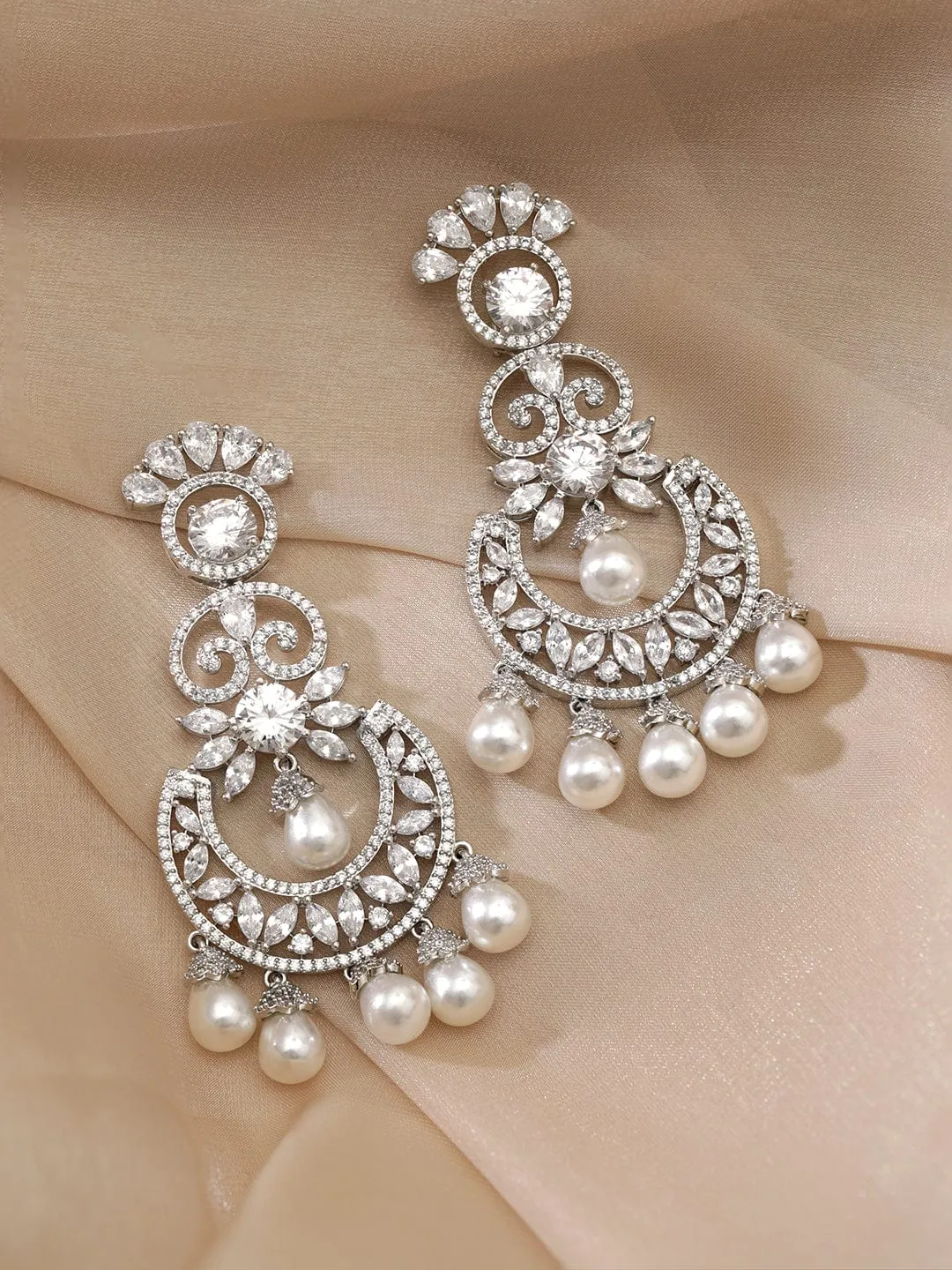 Rubans Rhodium plated Zirconia crystals studded pearl beaded chandelier earrings