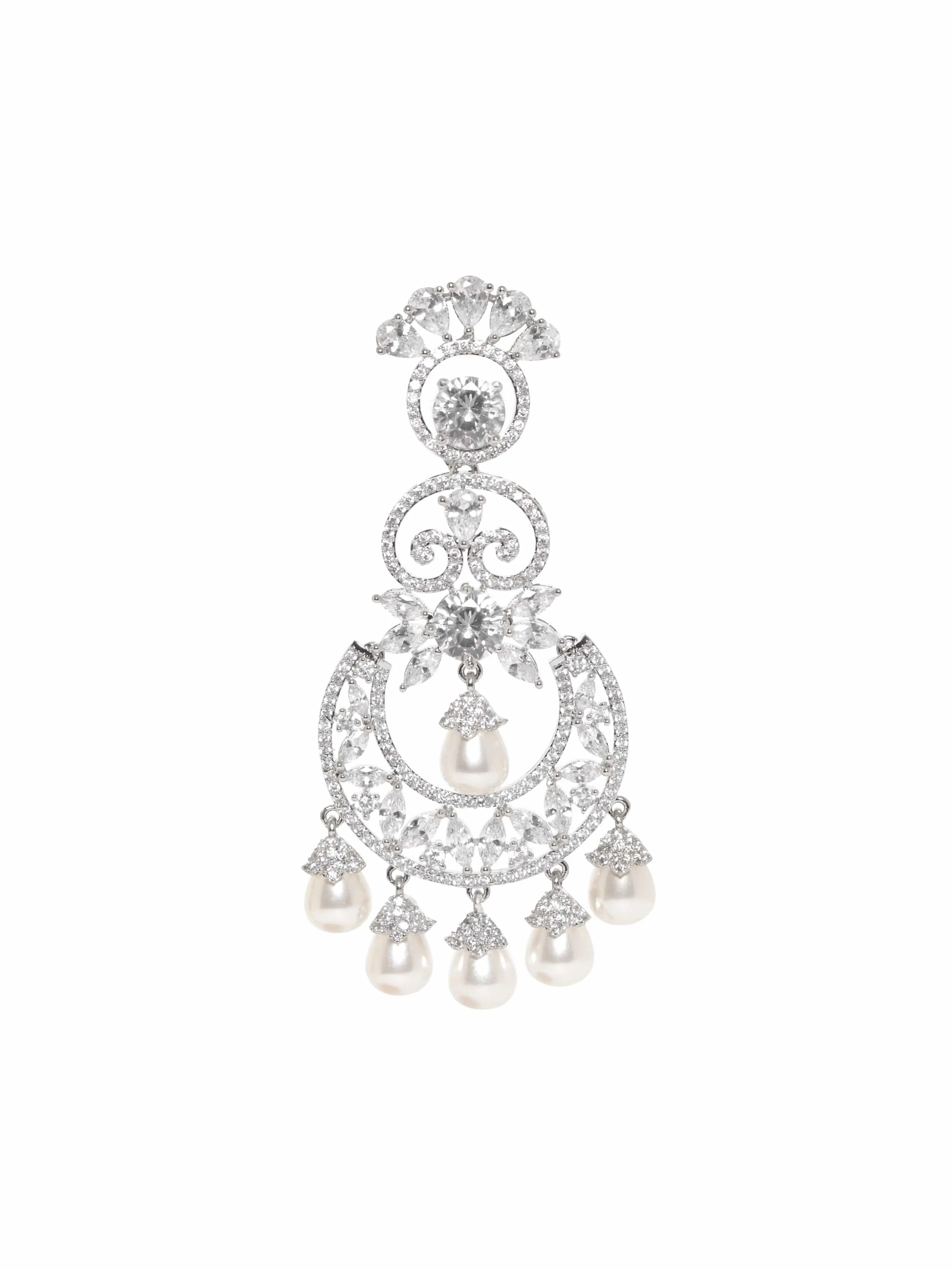 Rubans Rhodium plated Zirconia crystals studded pearl beaded chandelier earrings