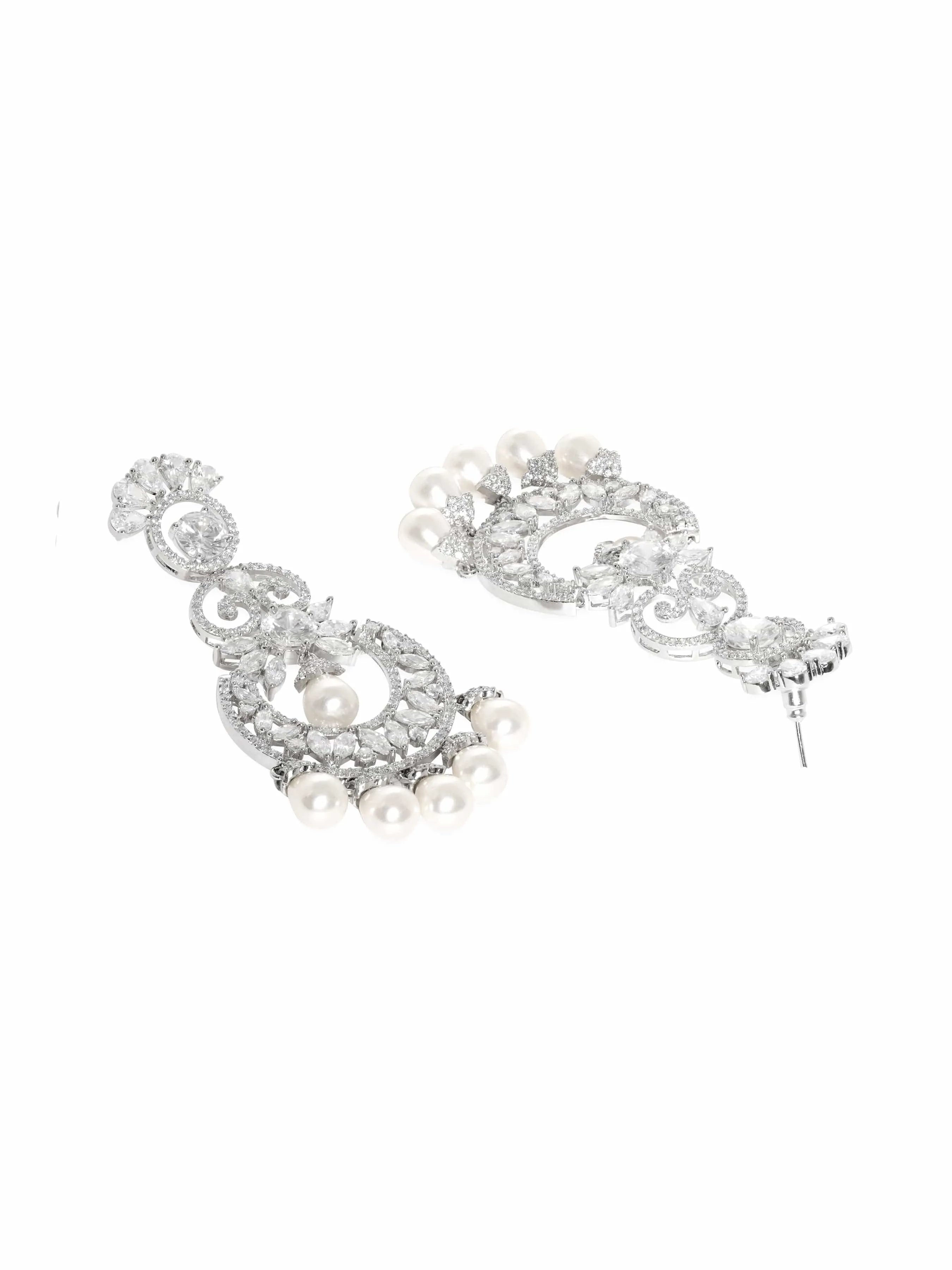 Rubans Rhodium plated Zirconia crystals studded pearl beaded chandelier earrings