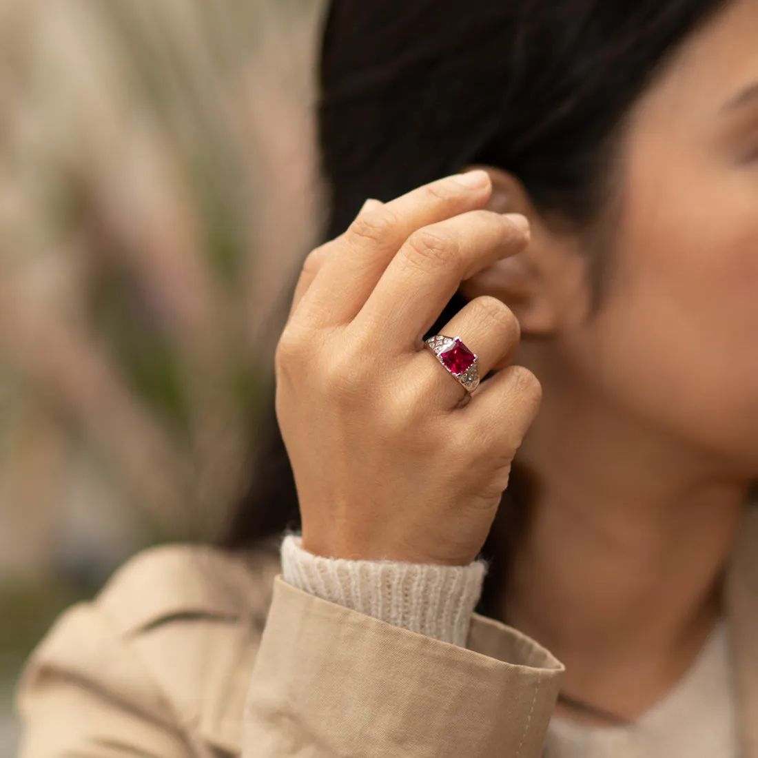 Ruby Princess Cut Sterling Silver Ring Size 7