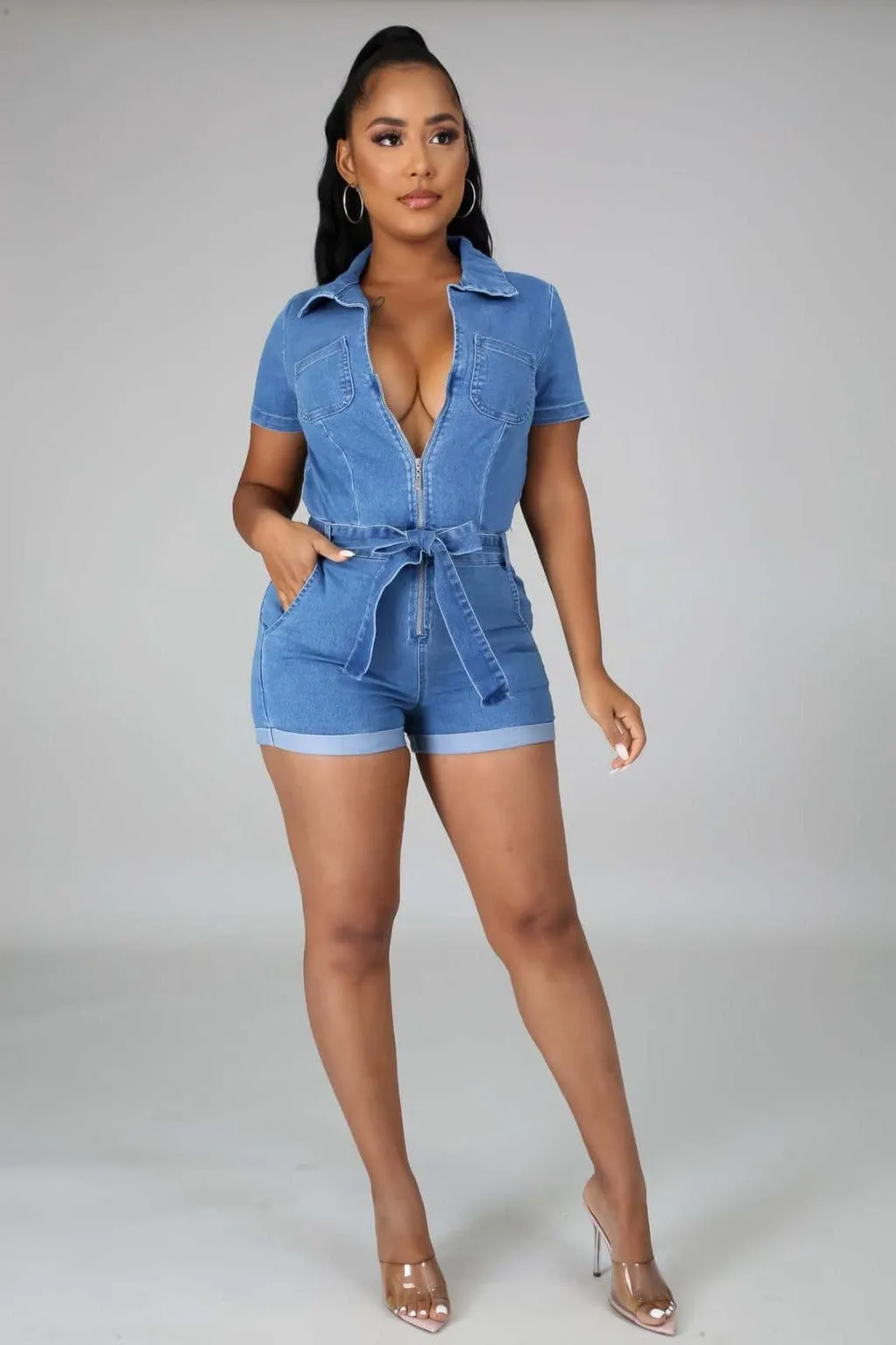 Serina Bow Denim Romper - Blue