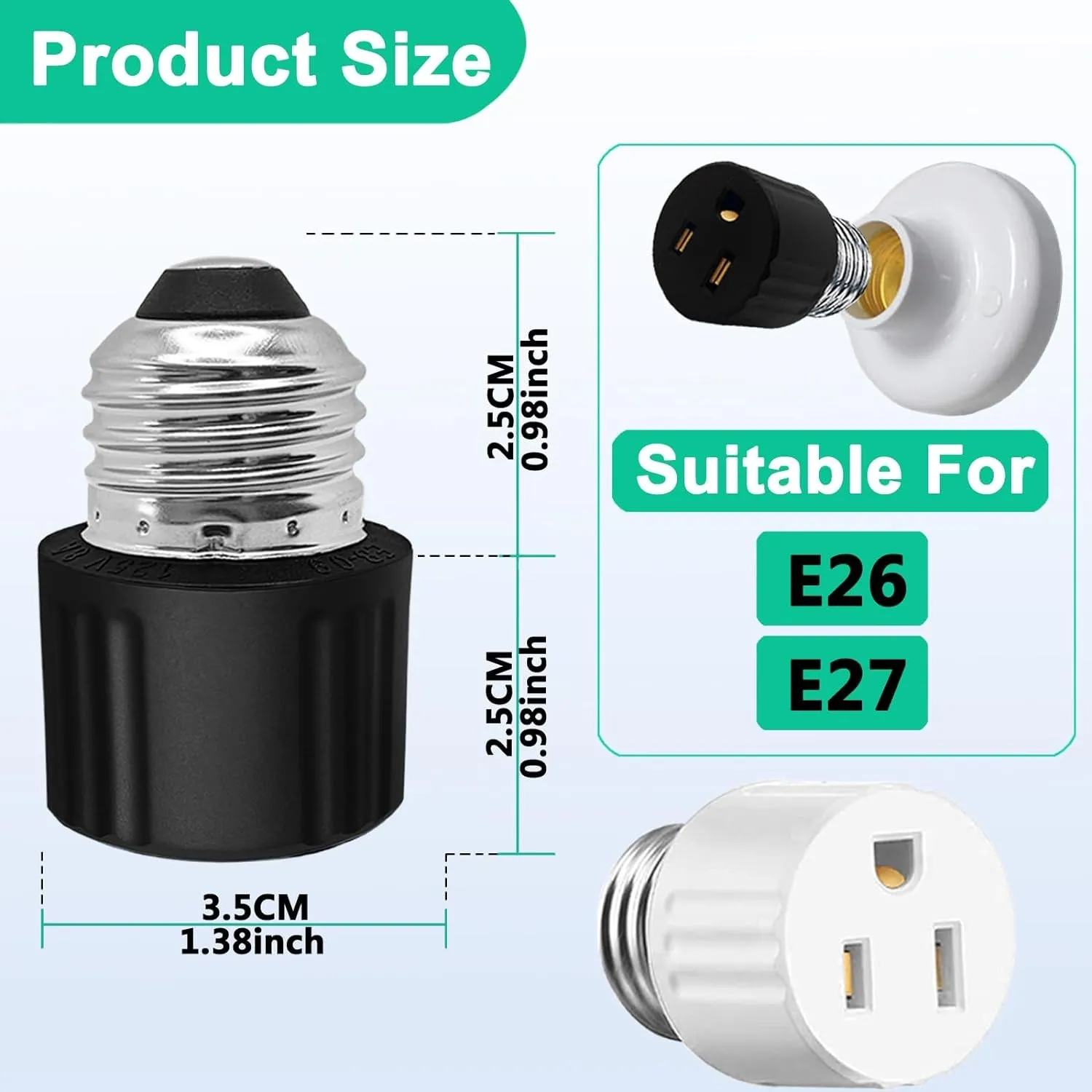 Spring E26/E27 3 Prong Light Socket to Plug Adapter,3Prong Light Bulb Outlet Socket Adapter 3 Packs