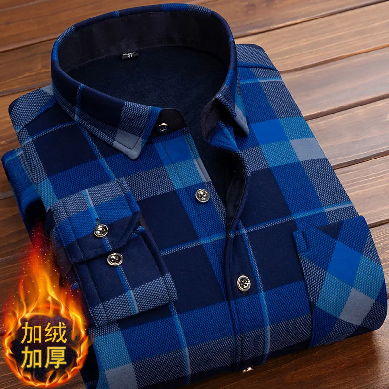 Spring Winter Men Long Sleeve Plaid Flannel Fur Lined Thick Work Shirts