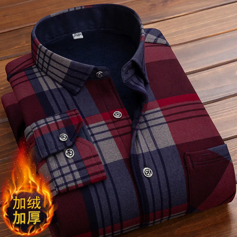 Spring Winter Men Long Sleeve Plaid Flannel Fur Lined Thick Work Shirts