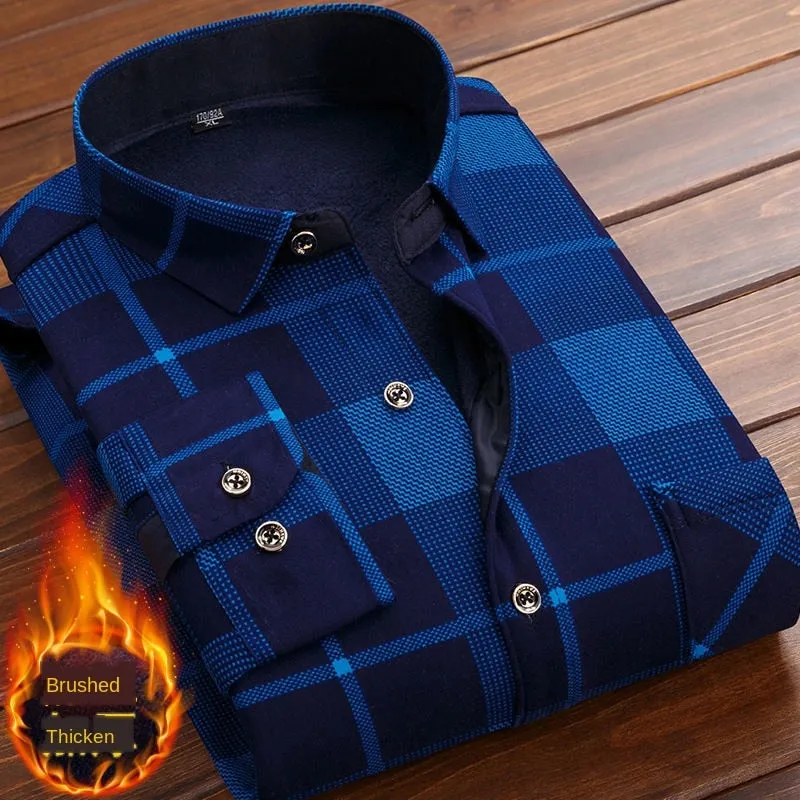 Spring Winter Men Long Sleeve Plaid Flannel Fur Lined Thick Work Shirts