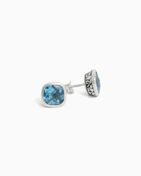 Square Stone Studs with Petroglyph Turtle Texture - Hampton Blue Topaz