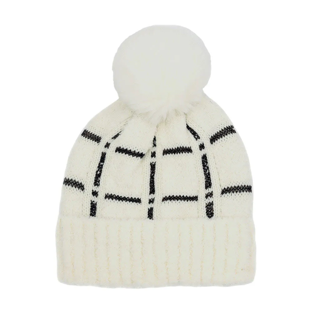 Trendy Plaid Check Patterned Pom Pom Beanie Hat