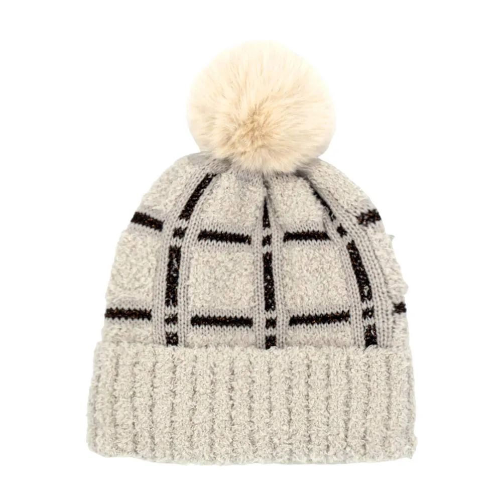 Trendy Plaid Check Patterned Pom Pom Beanie Hat