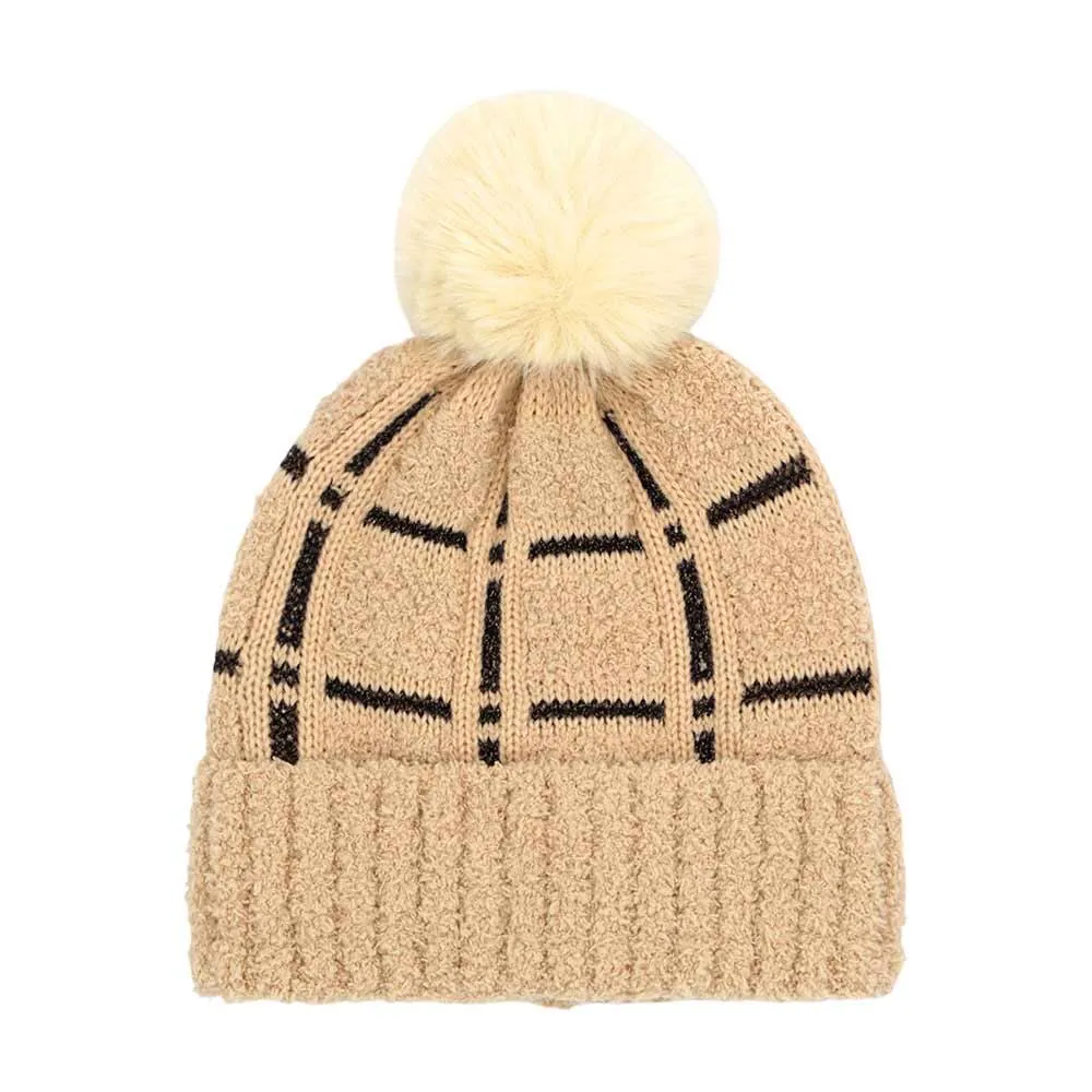 Trendy Plaid Check Patterned Pom Pom Beanie Hat