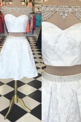 Trendy Two Piece Bateau Cap Sleeves Short White Homecoming Dress Beading Lace