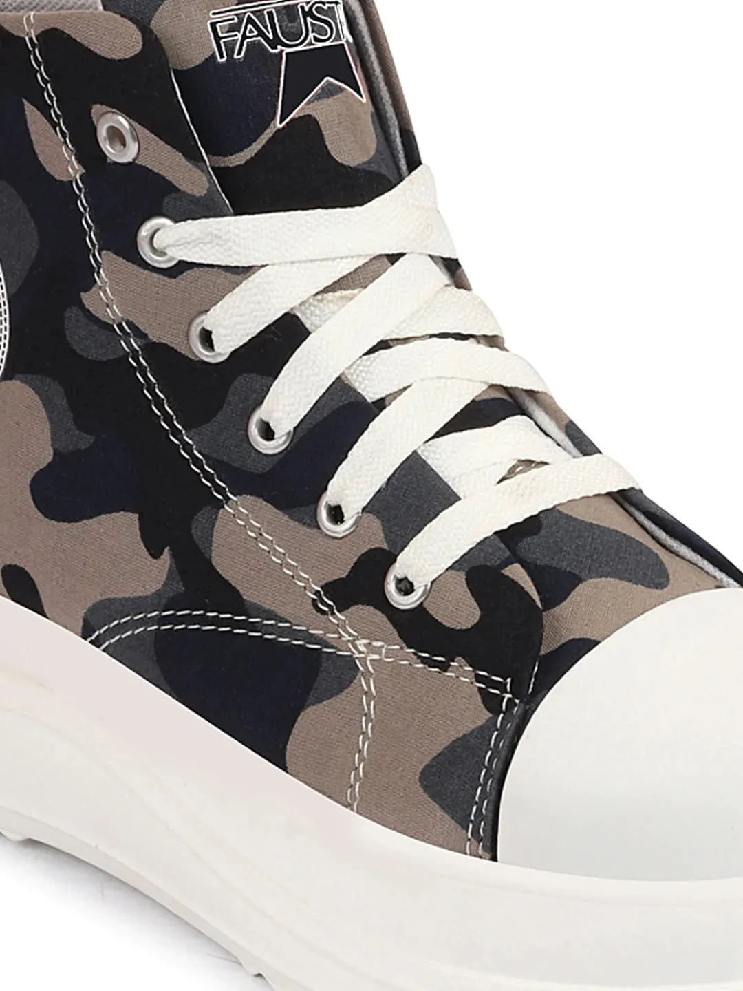 Women Navy Blue High Ankle Top Wedge Heels Camouflage Print Canvas Lace Up Sneakers Shoes