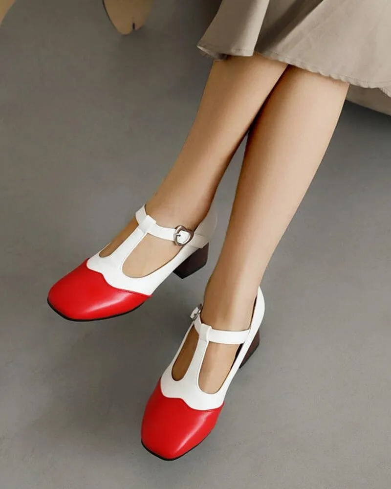 Women's Casual Color Block Square Toe Chunky Heels