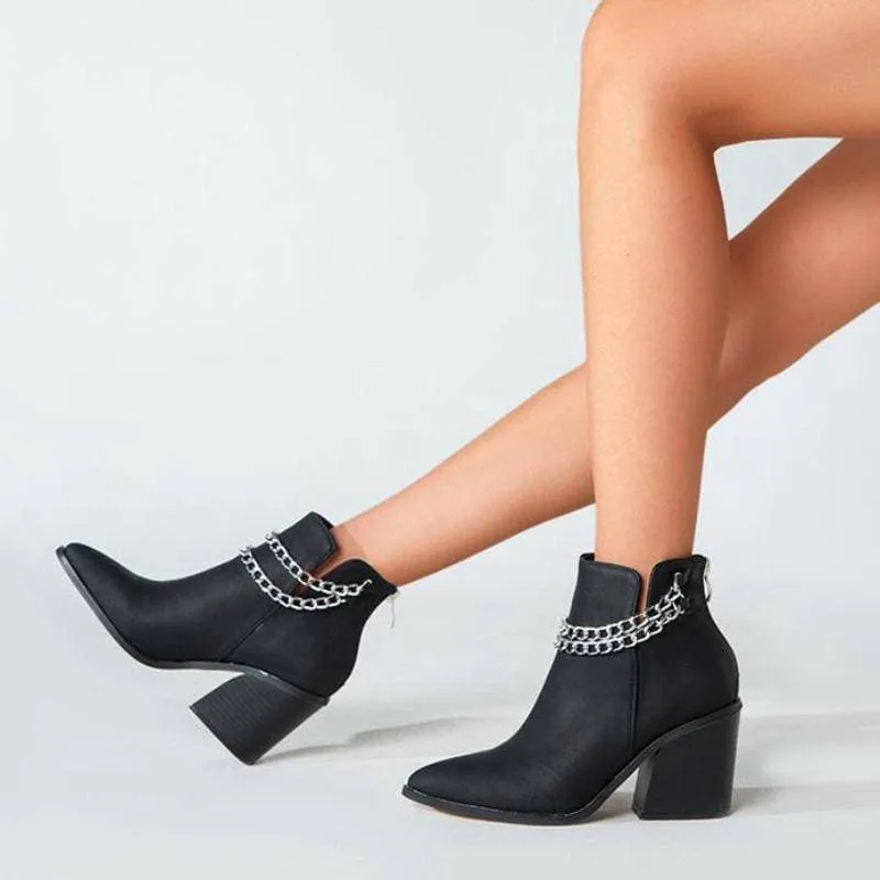 Women's Chain Zipper Back Chunky Heel Boots